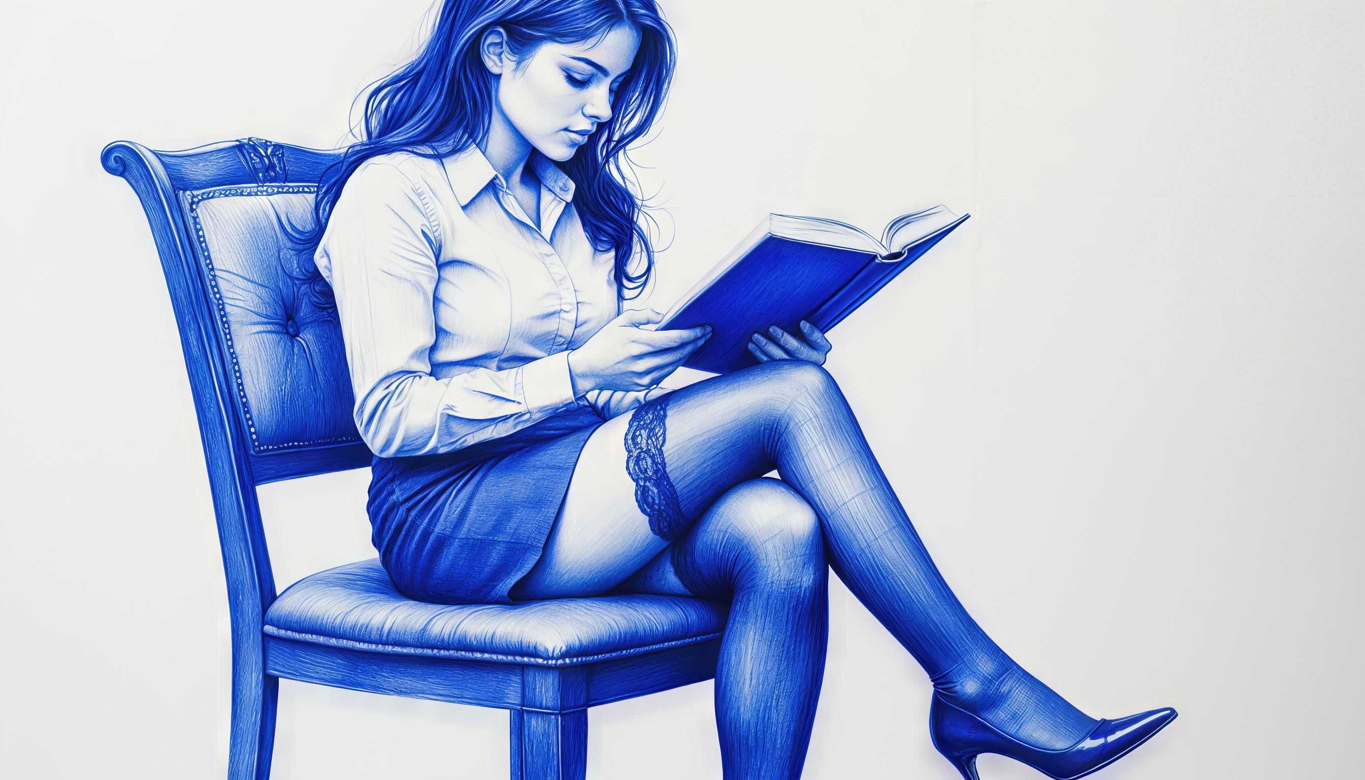 Бесплатное фото Девушка в деловом наряде читает книгу, сидя на изысканном стуле.