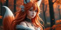 Kitsune girl with red hair and fox ears, wearing an outfit with fur trim, against a backdrop of an autumn forest with falling leaves.