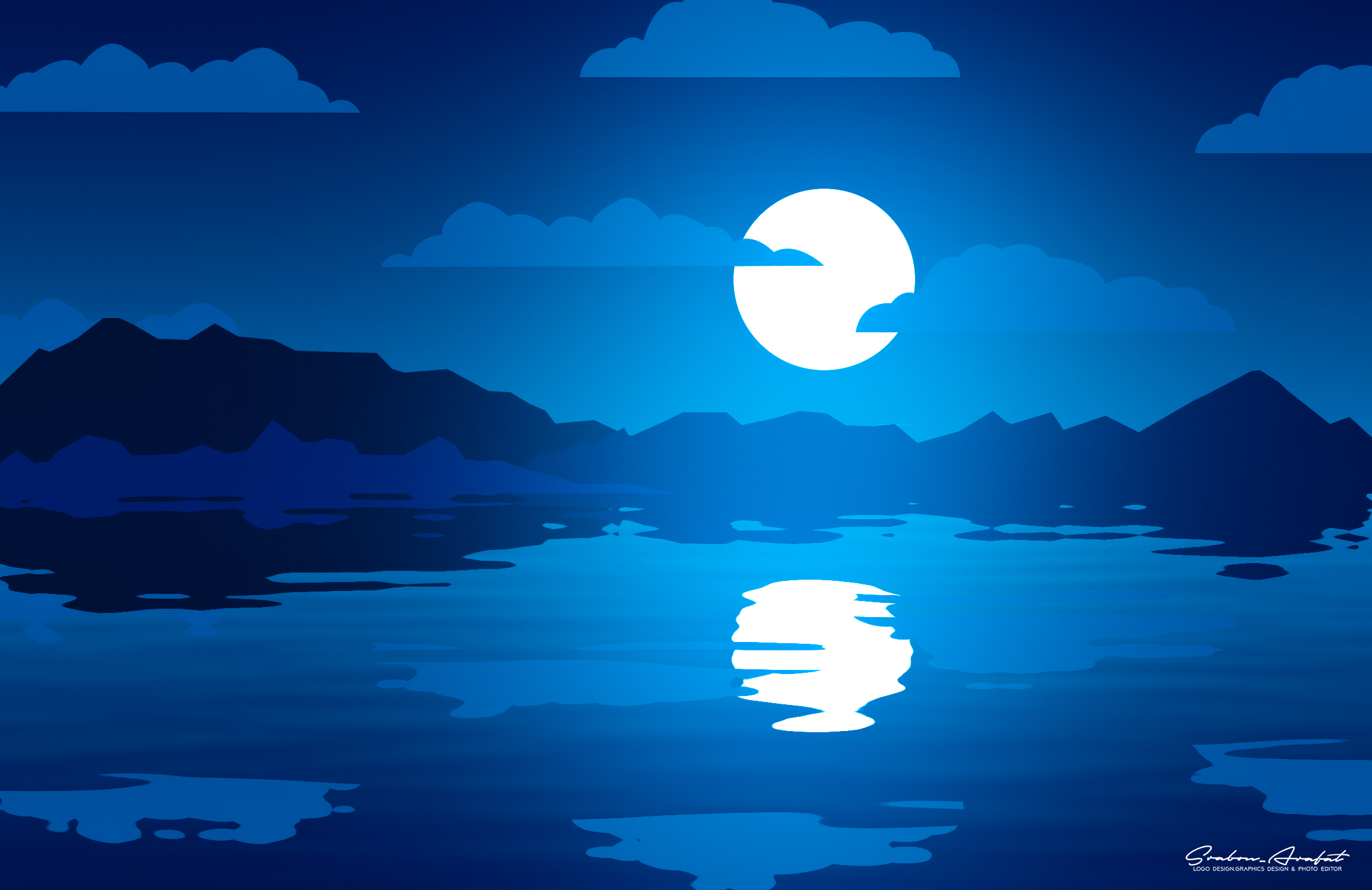 Minimalistic landscape with a lake under the full moon