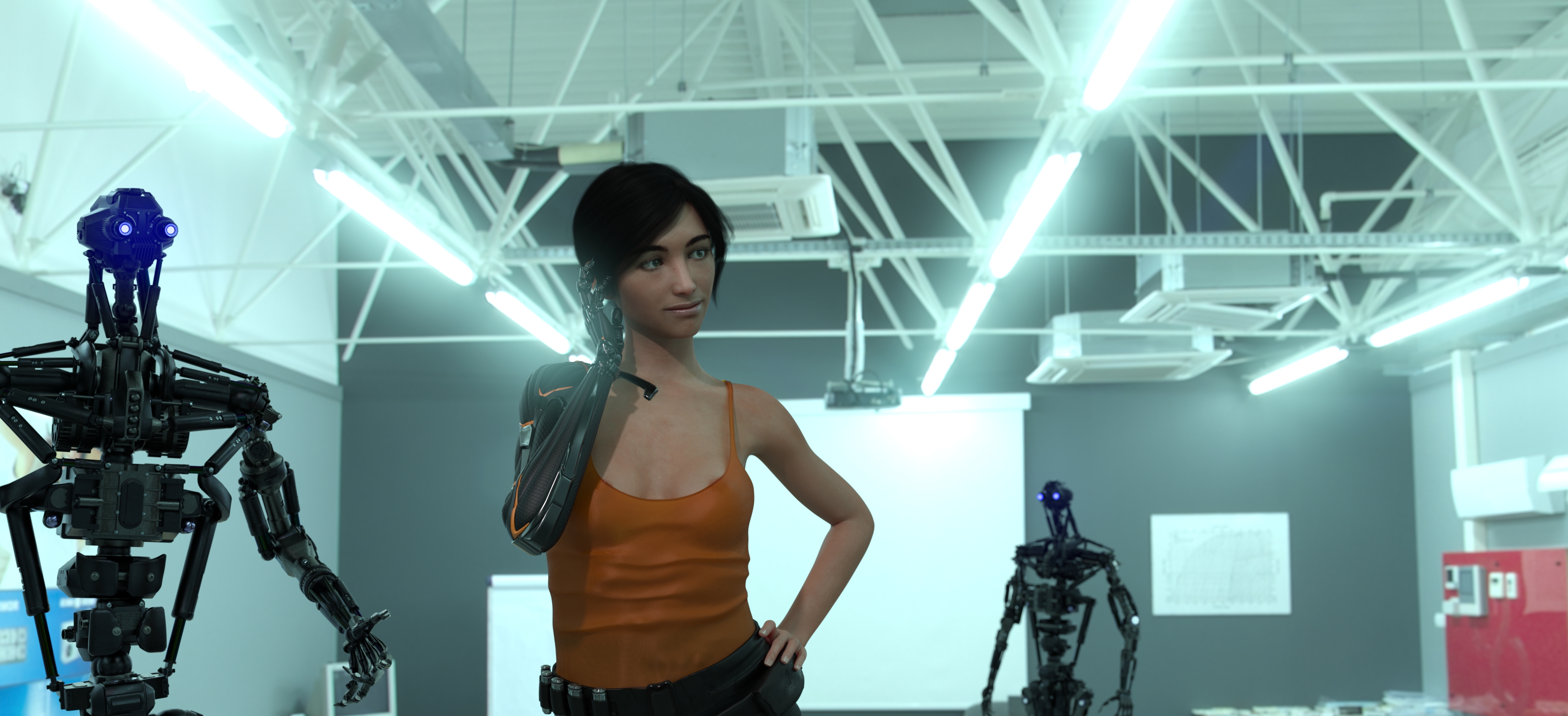 Бесплатное фото Сакира Родаун в короткометражном фильме "Кибершик" во время ориентации после восстановления с роботами-инструкторами.