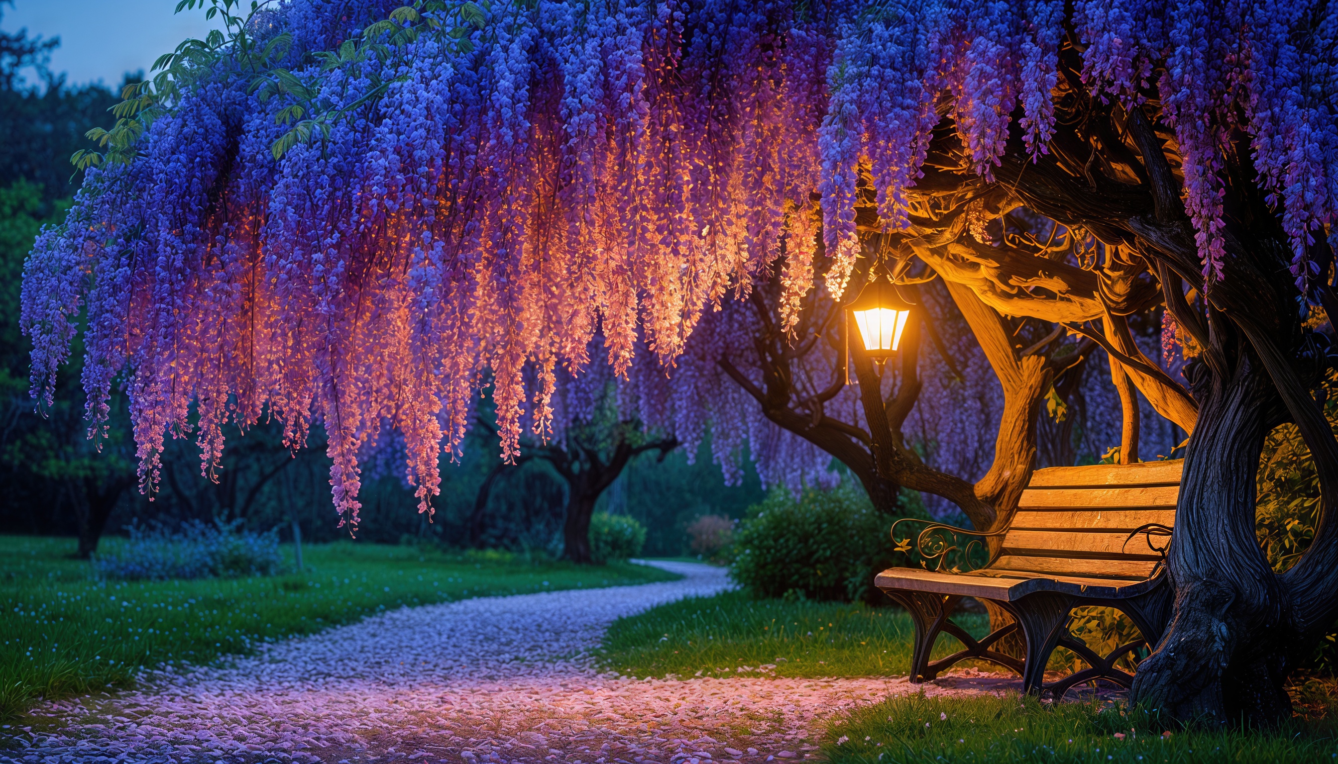 Бесплатное фото Сад с цветущими глициниями-живописное место для отдыха и романтических прогулок.
