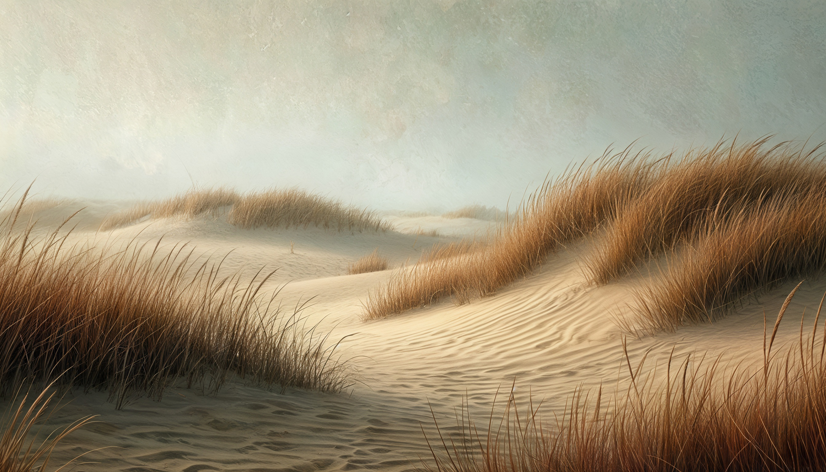 Бесплатное фото Песчаные дюны, окутанные лёгкой дымкой, с зарослями сухой травы.