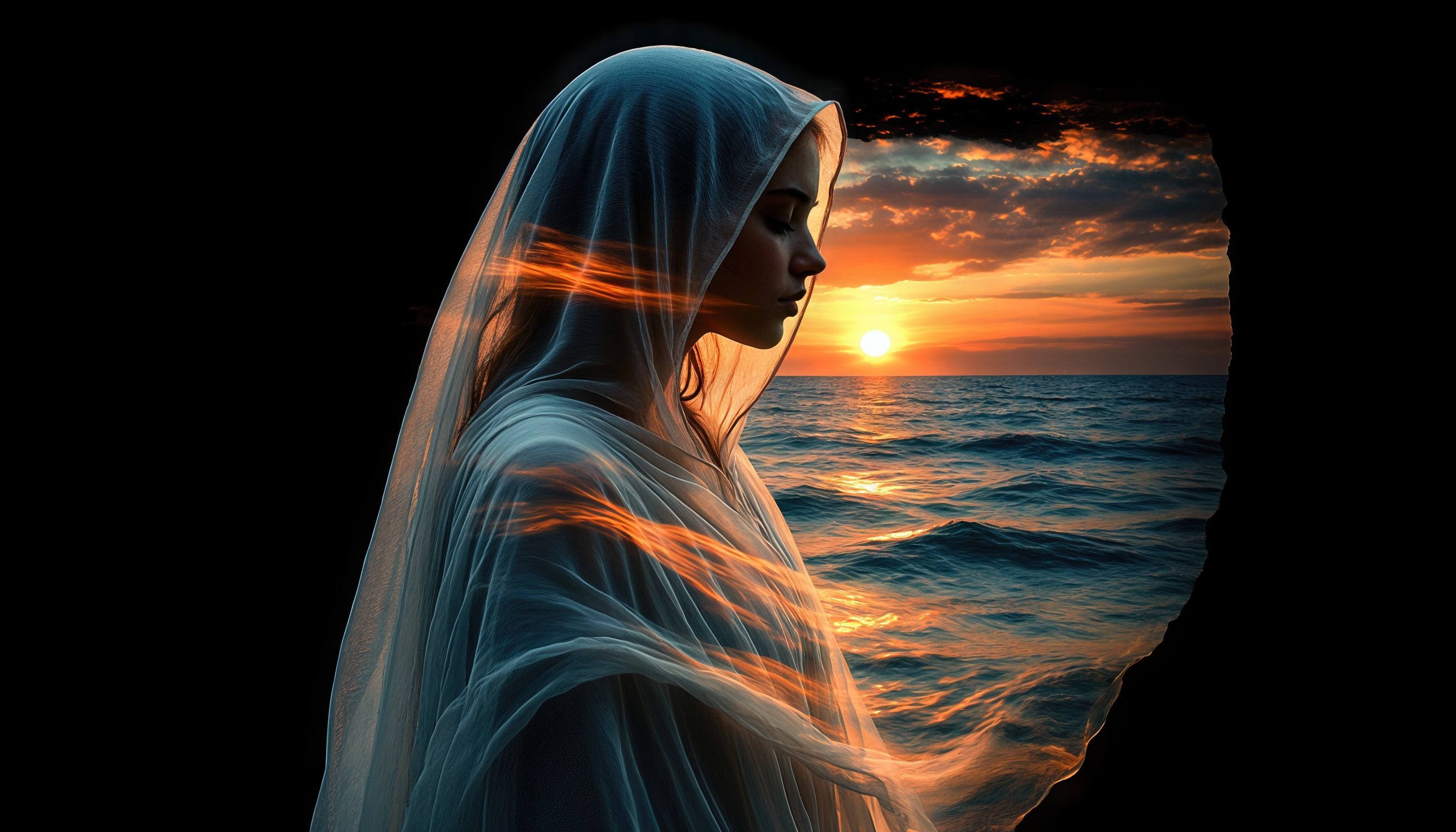 Бесплатное фото Девушка в белой вуали на фоне закатного моря - миг спокойствия.