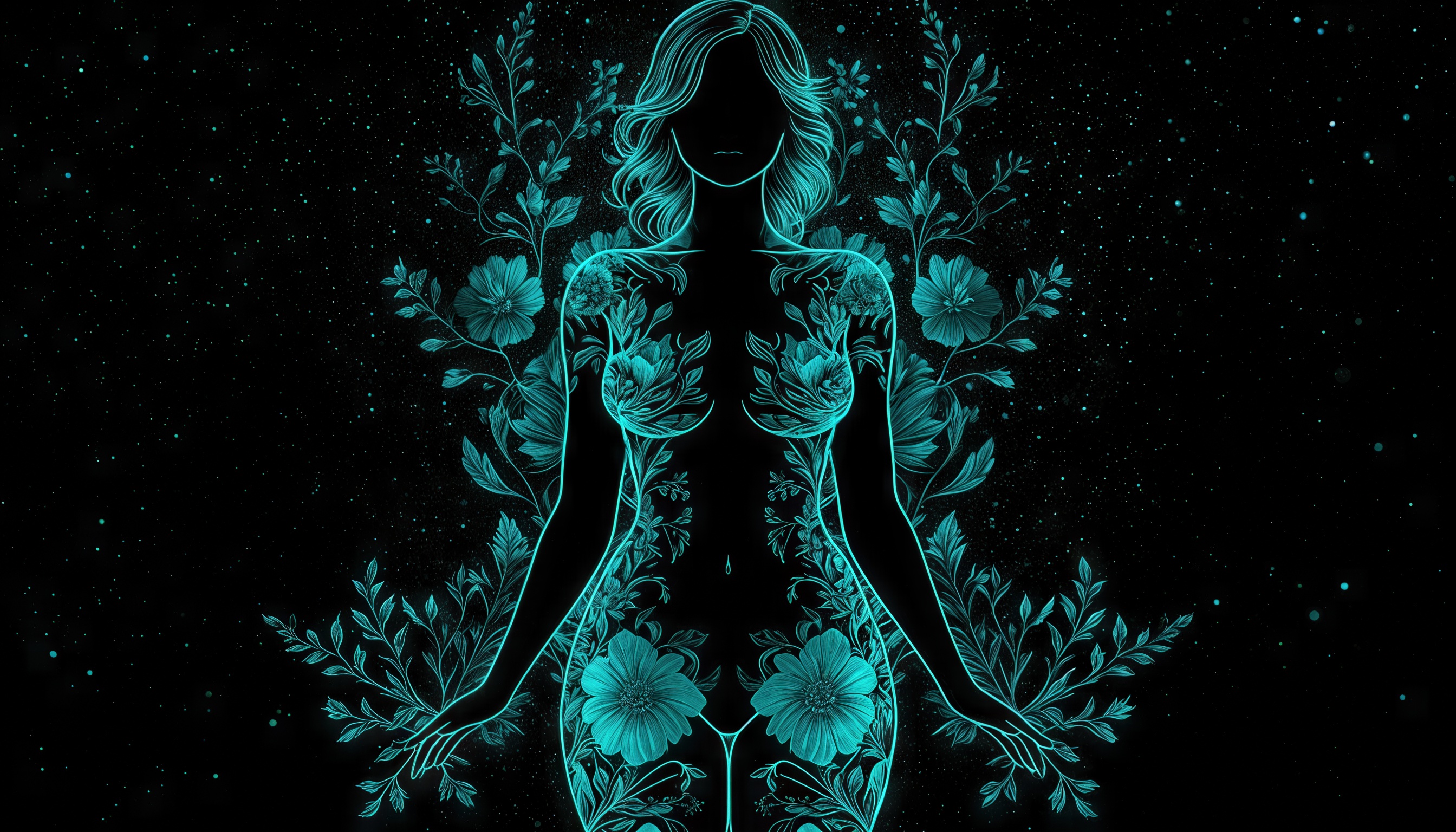 Бесплатное фото Стилизованный женский силуэт в неоново-голубых тонах на фоне звездного неба, украшенный растительными узорами.