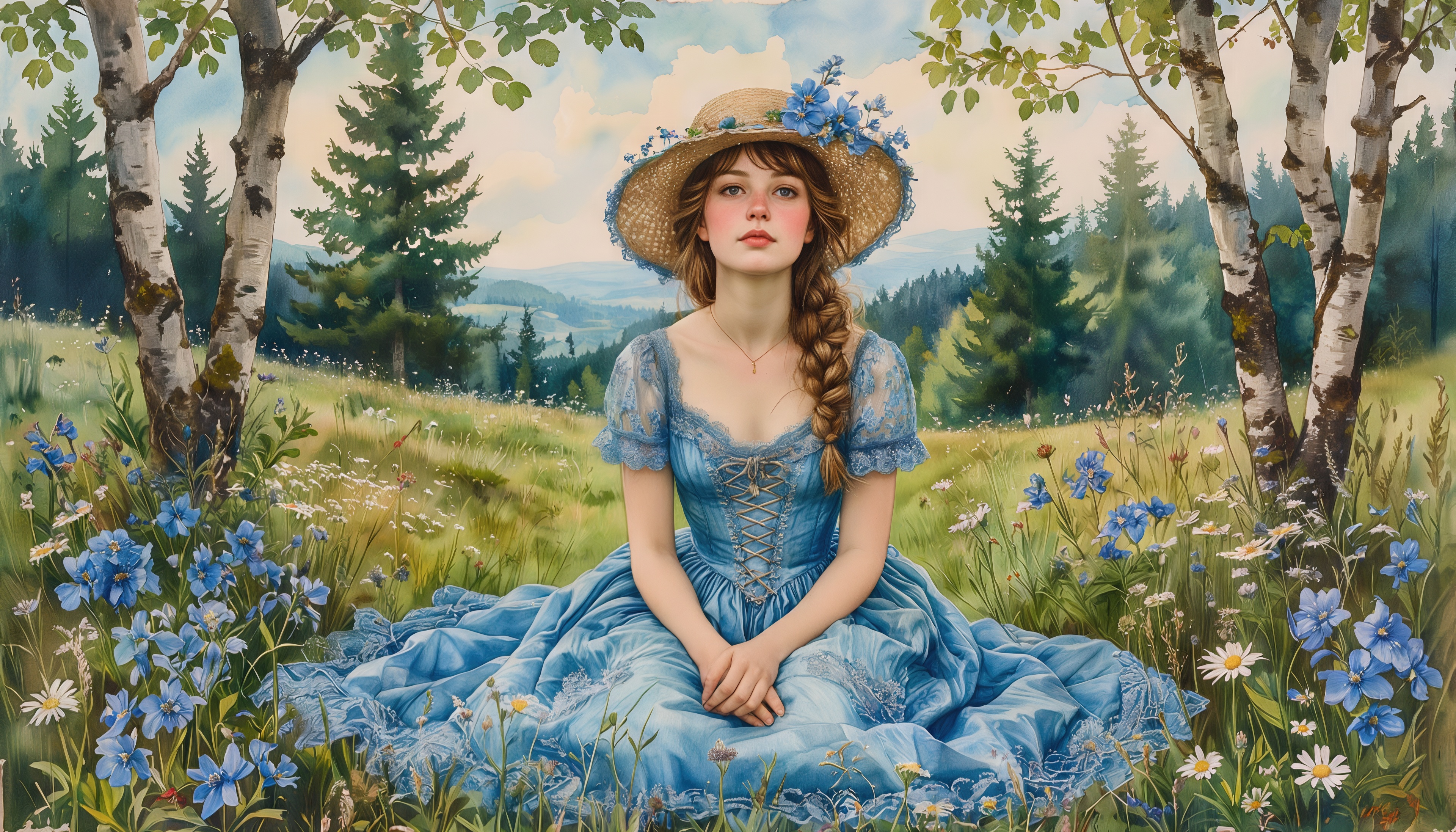 Бесплатное фото Юная леди в шляпе с цветами на лесной поляне.