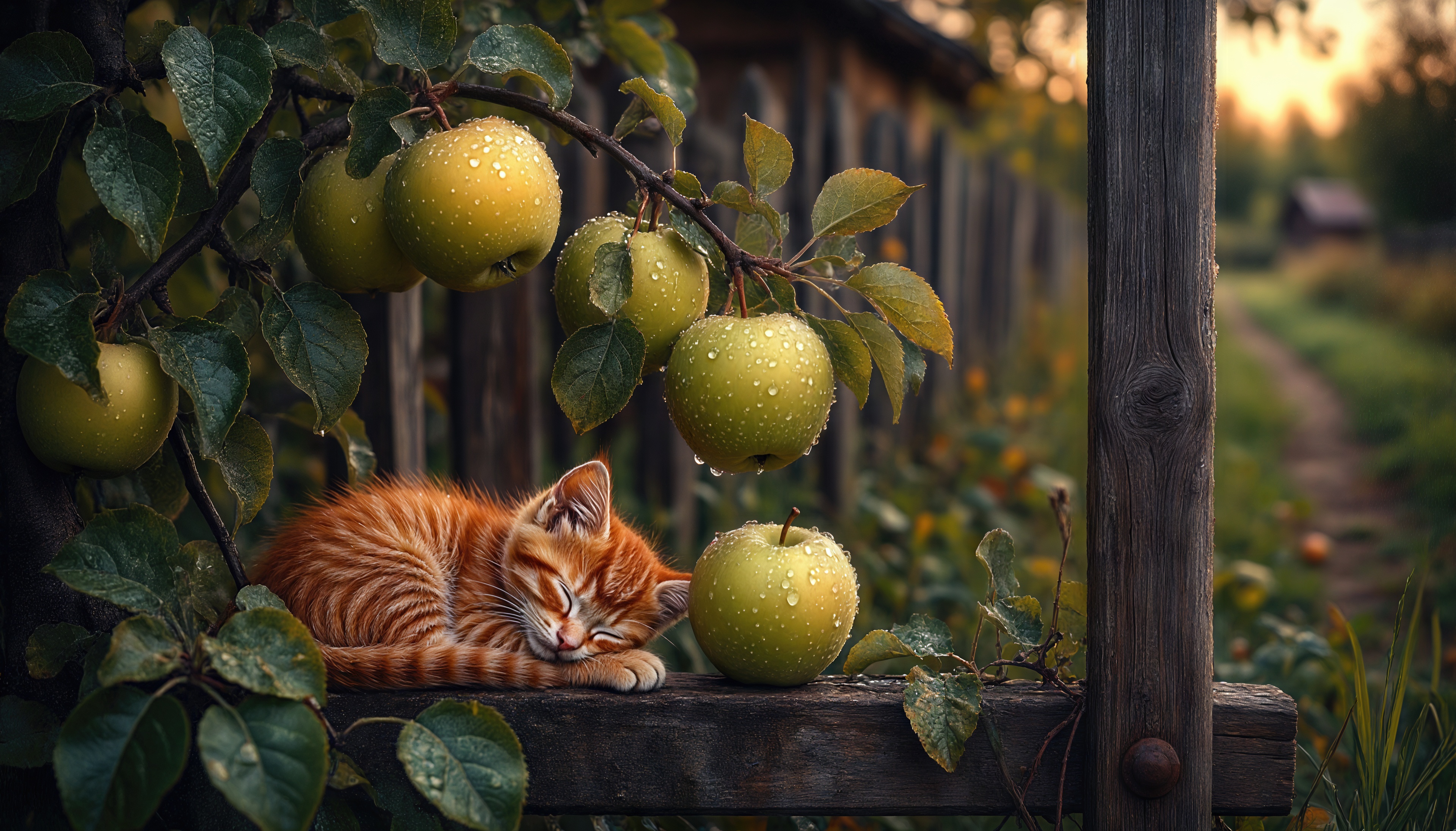 Бесплатное фото Рыжий котёнок сладко спит на деревянном заборе под веткой с зелёными яблоками.