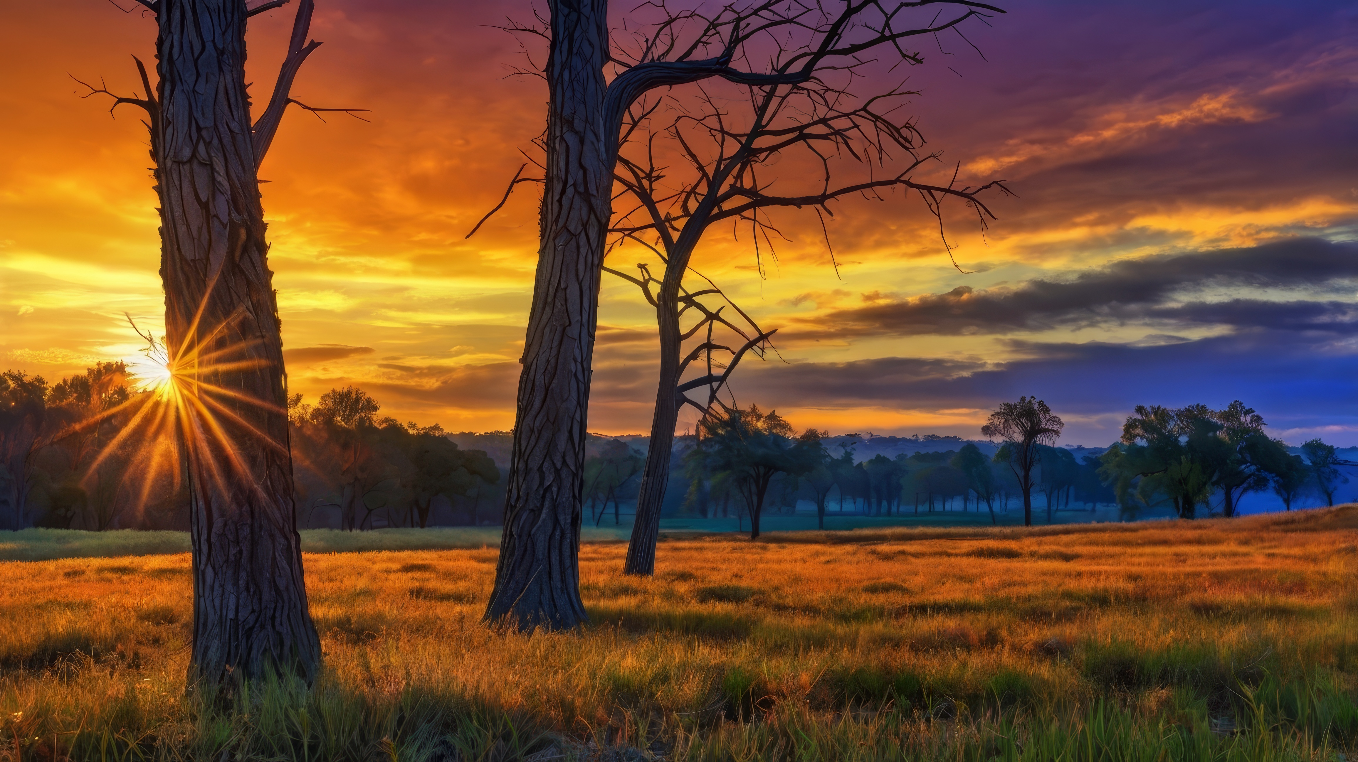 Бесплатное фото Солнце ярко светит за деревьями возле травы.