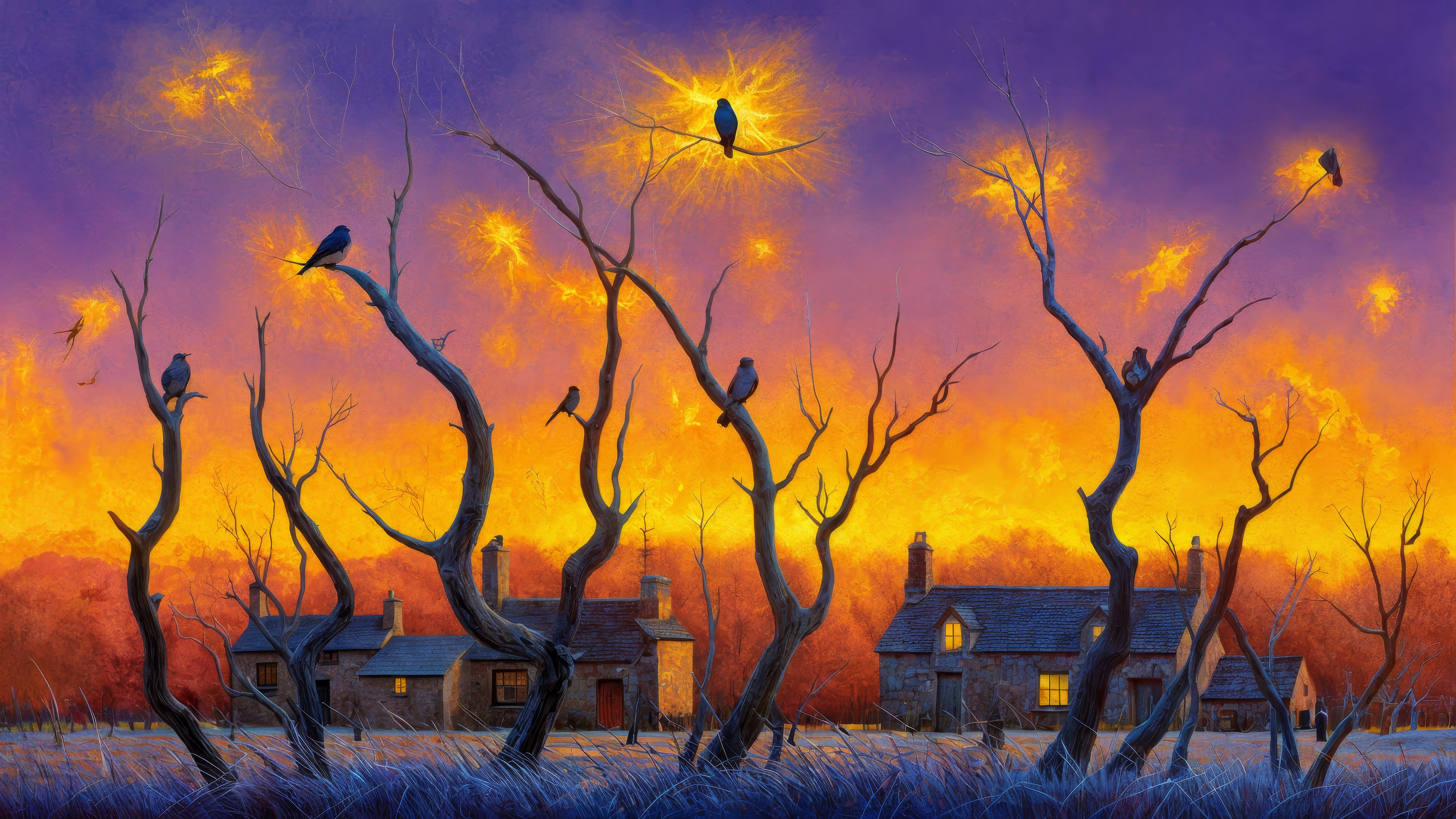 Картина, изображающая закат с домом на переднем плане