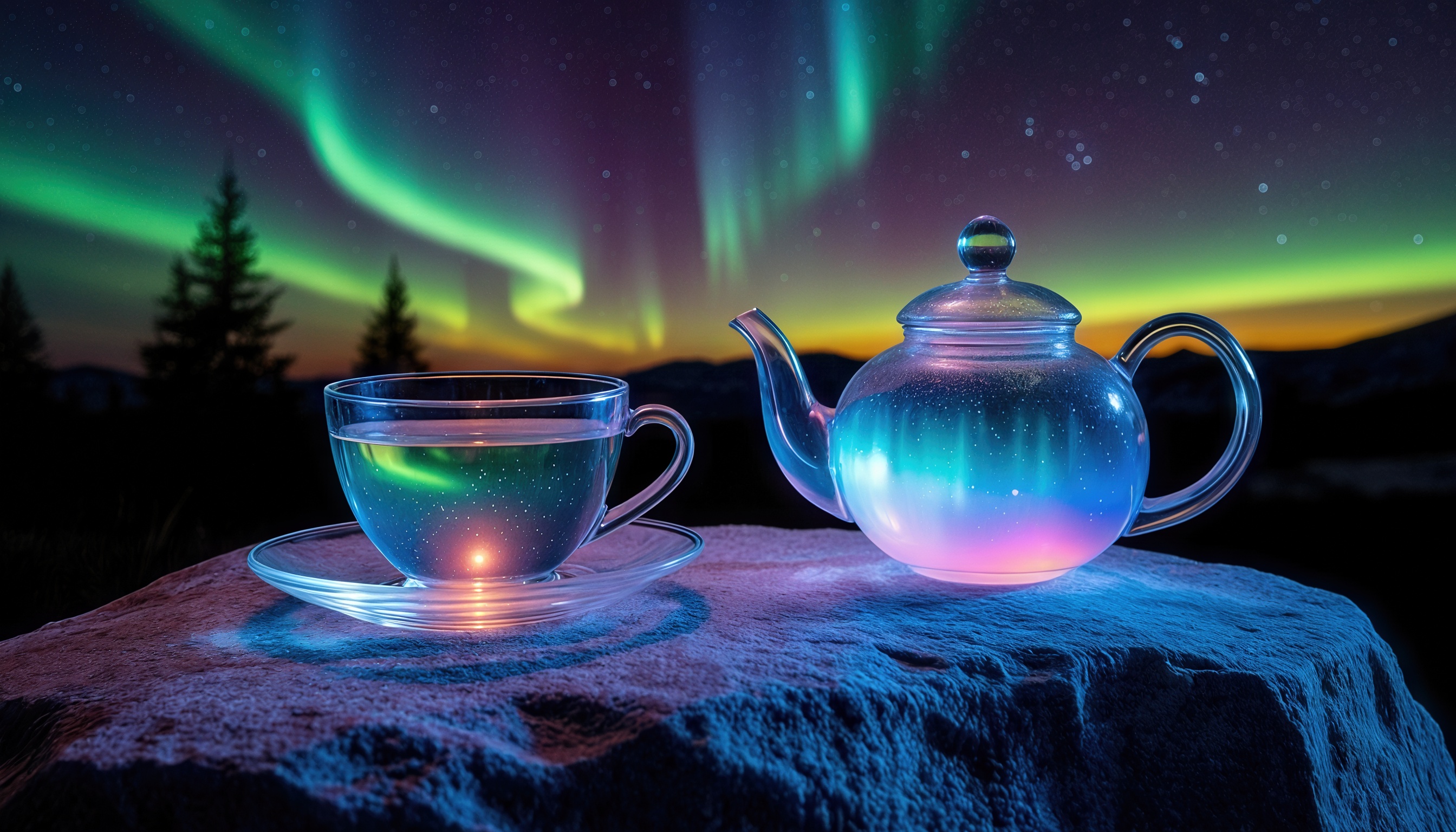 Бесплатное фото Светящийся чайничек и чашка на фоне северного сияния.