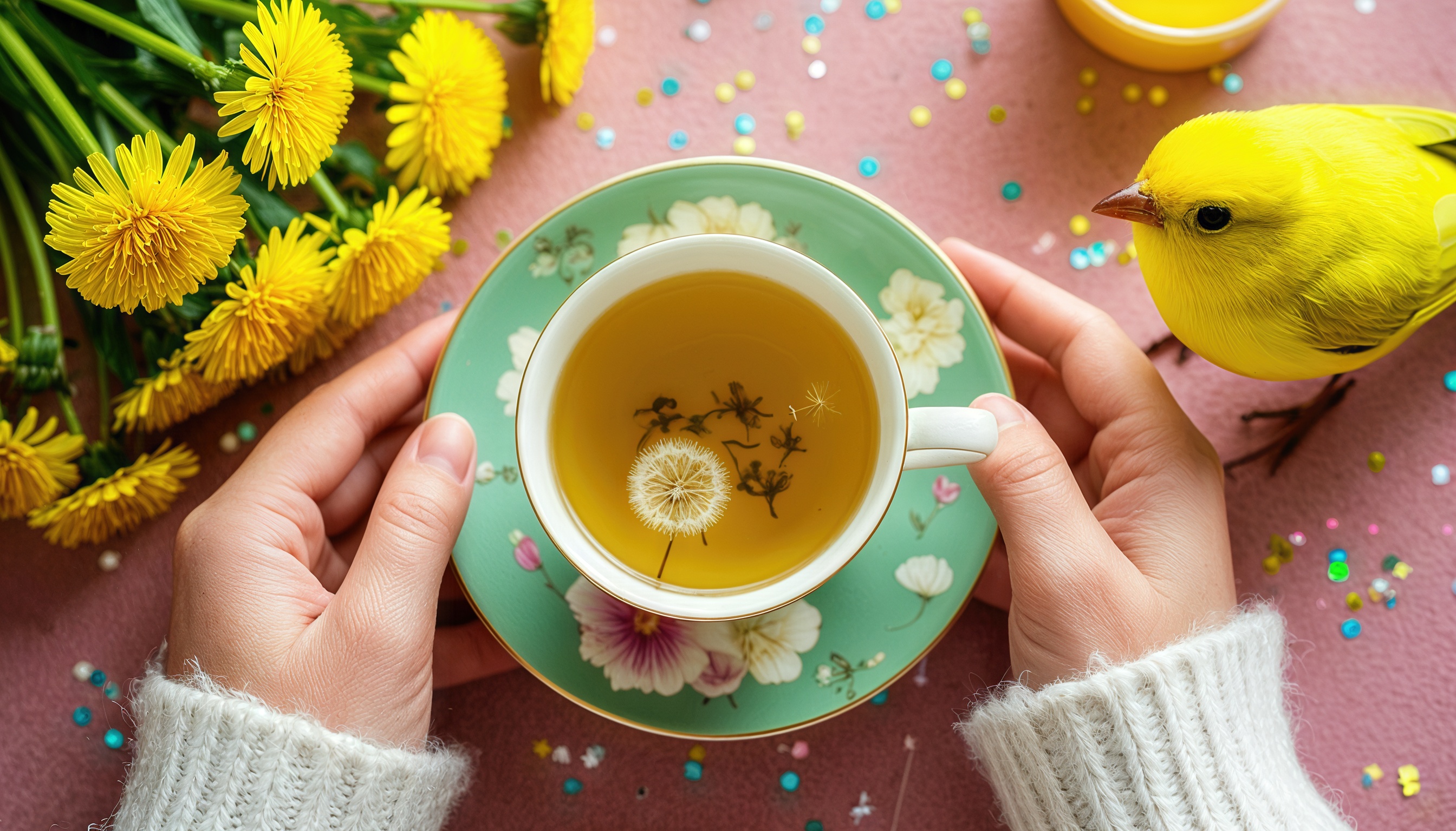 免费照片一杯蒲公英茶在他手中，旁边是一只黄色的小鸟和一束蒲公英。