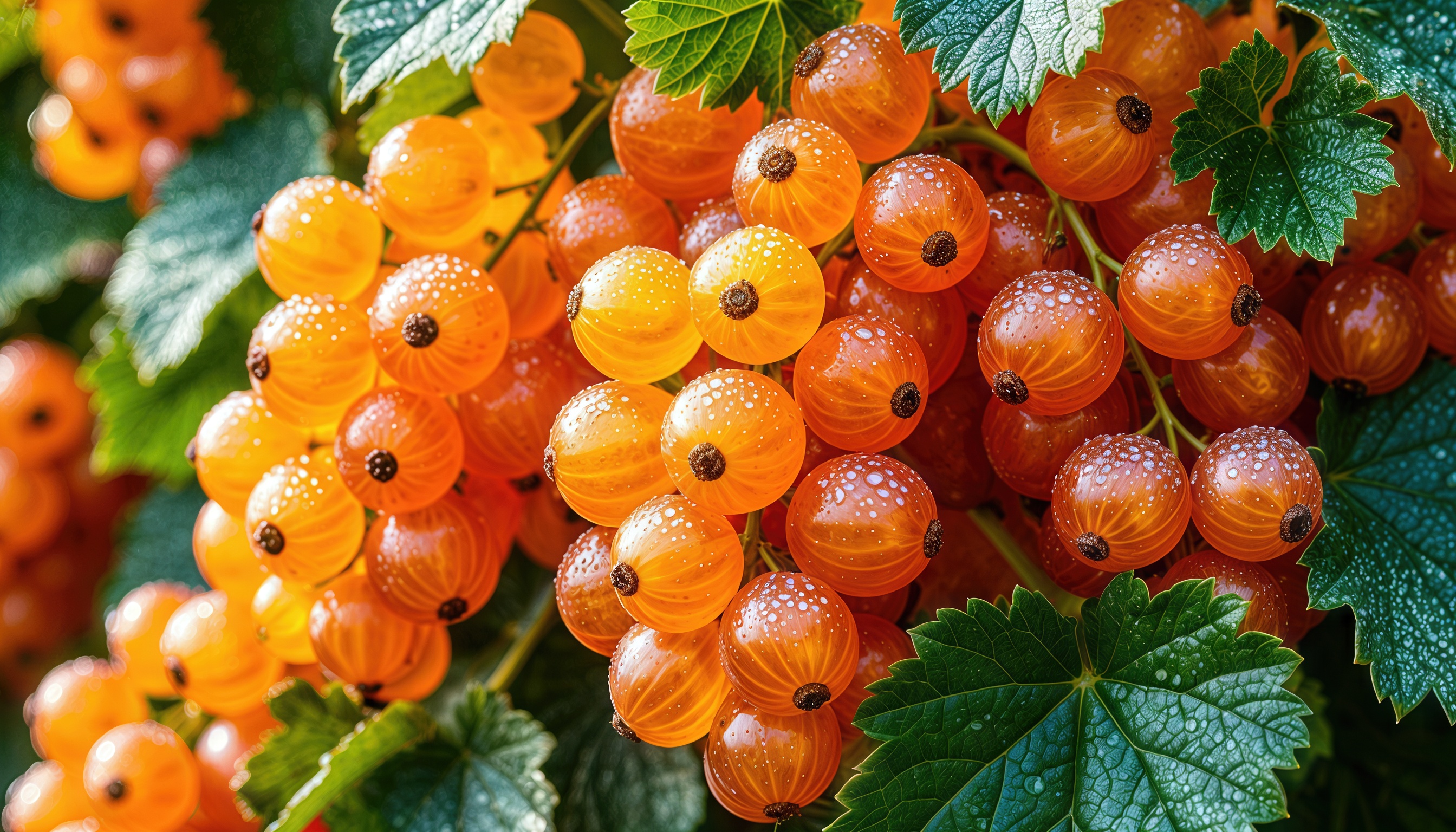 Бесплатное фото Сочные оранжево-жёлтые ягоды золотистой смородины с каплями воды на фоне зелёных листьев.