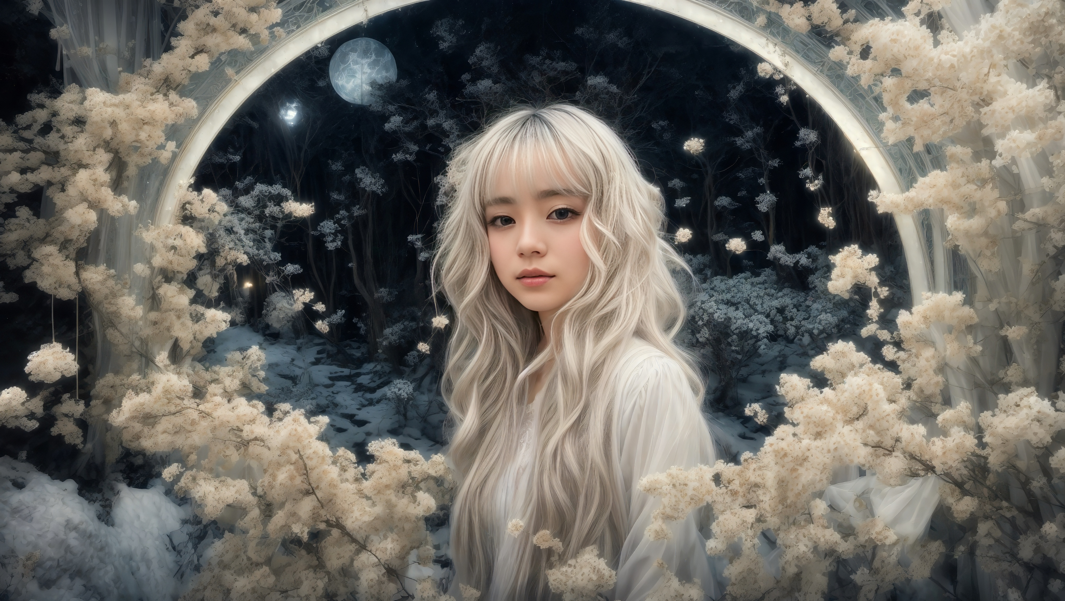 Бесплатное фото Девушка стоит у окна, за которым идет снег.