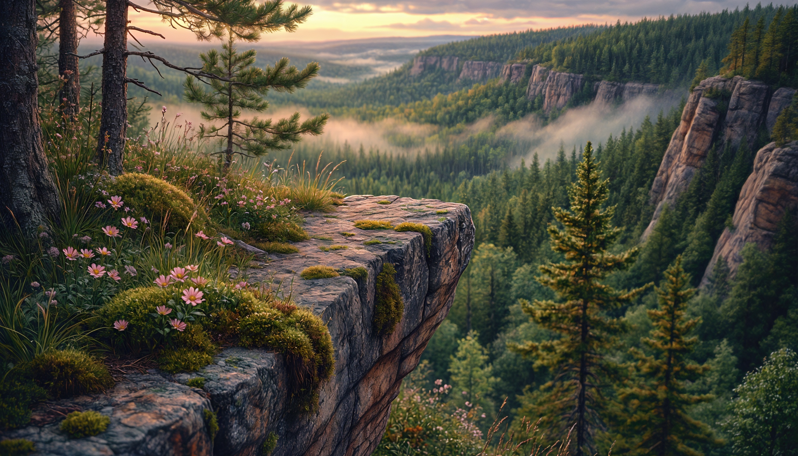 Бесплатное фото Скальный обрыв с цветами, хвойный лес и туманная долина на рассвете.