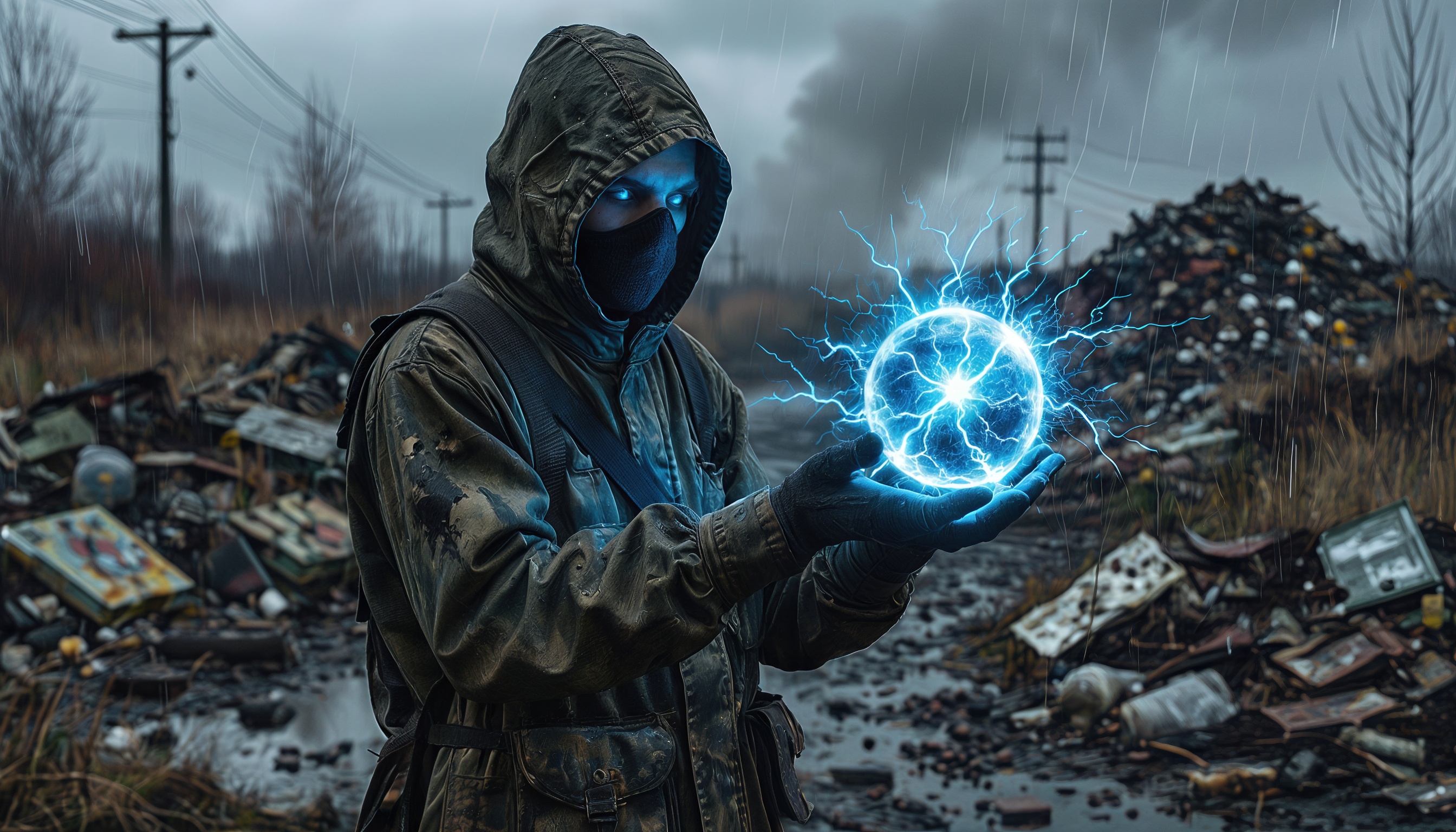 Бесплатное фото Сталкер в дождевике стоит на свалке в Зоне, держа в руках светящийся артефакт Бенгальский огонь.