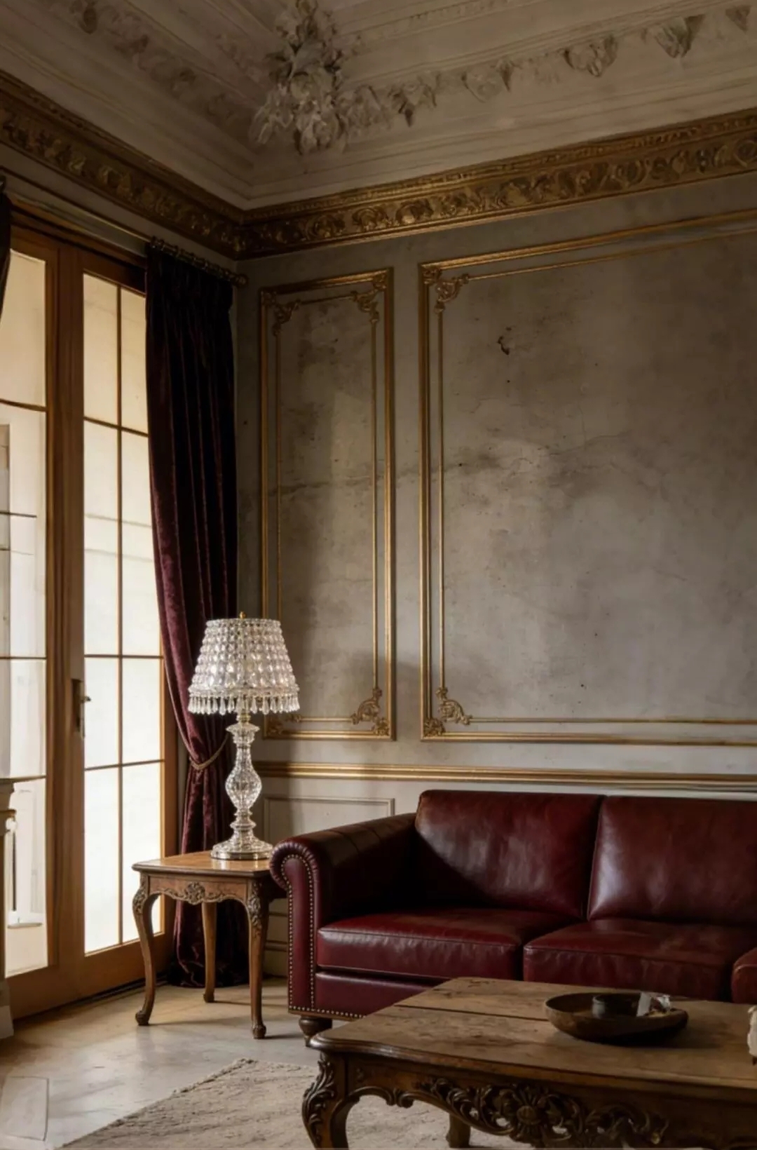 Free photo Classic style with red leather sofa and crystal lamp