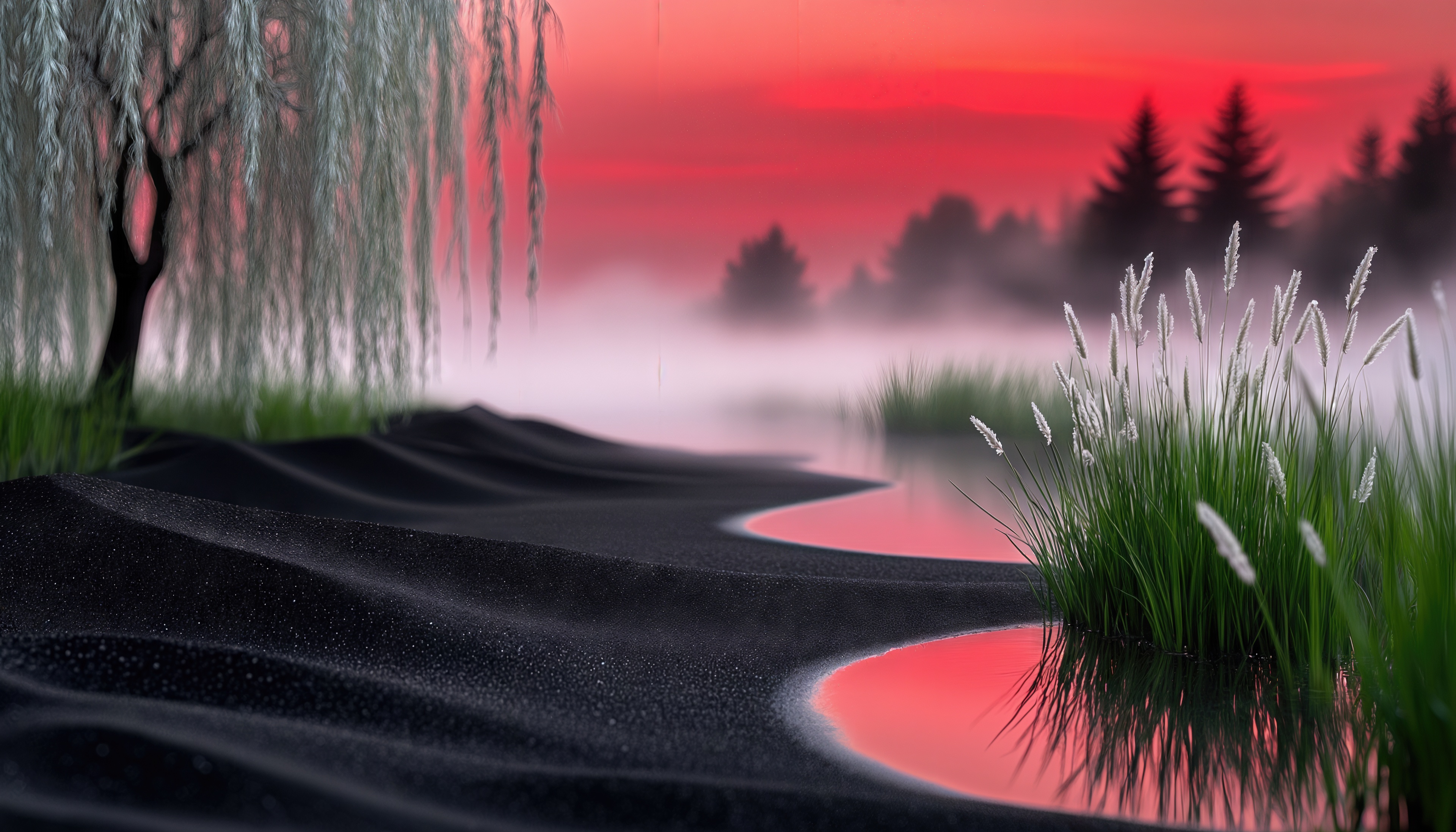 Бесплатное фото Спокойная река, туман и алое небо на рассвете.