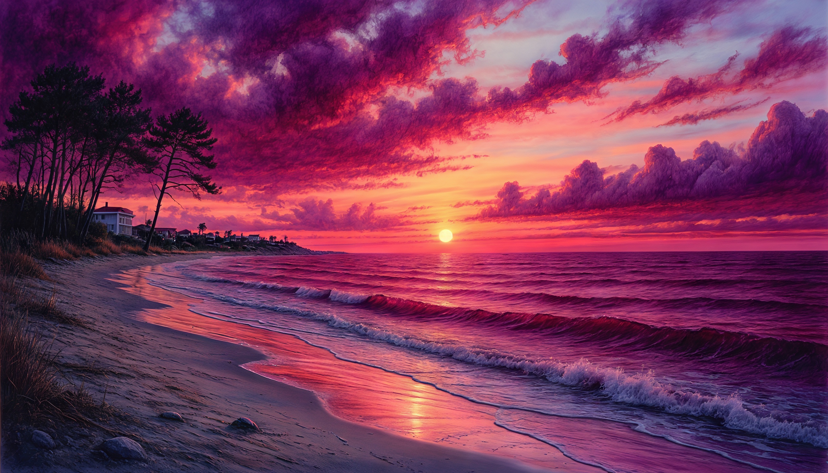 Бесплатное фото Волны нежно обнимают берег в лучах закатного солнца.