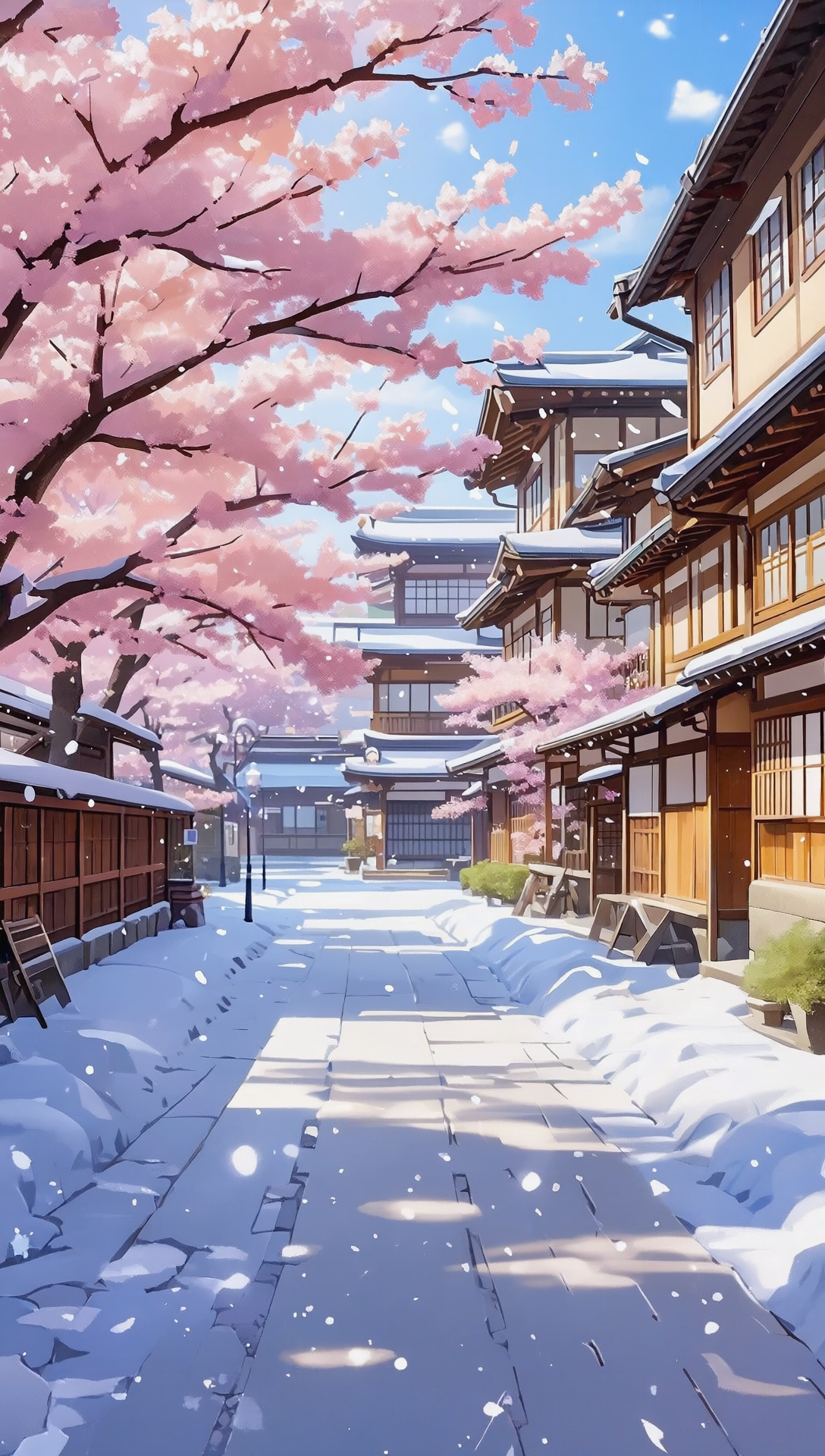 Бесплатное фото Обои на телефон, зимний город с подсвеченными солнцем сугробами