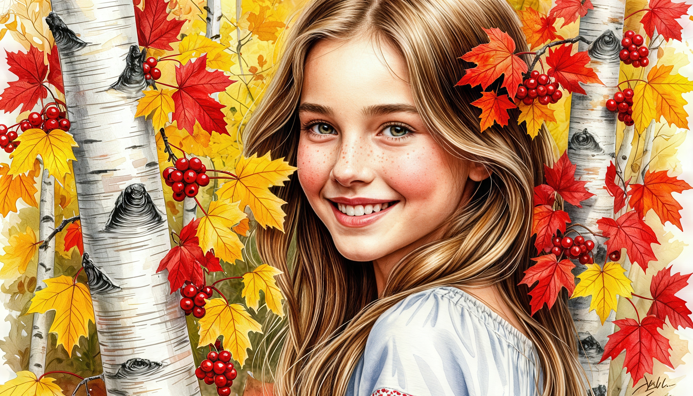 Бесплатное фото Девушка с рыжими волосами и веснушками улыбается на фоне осеннего леса с березами, листьями и ягодами рябины.