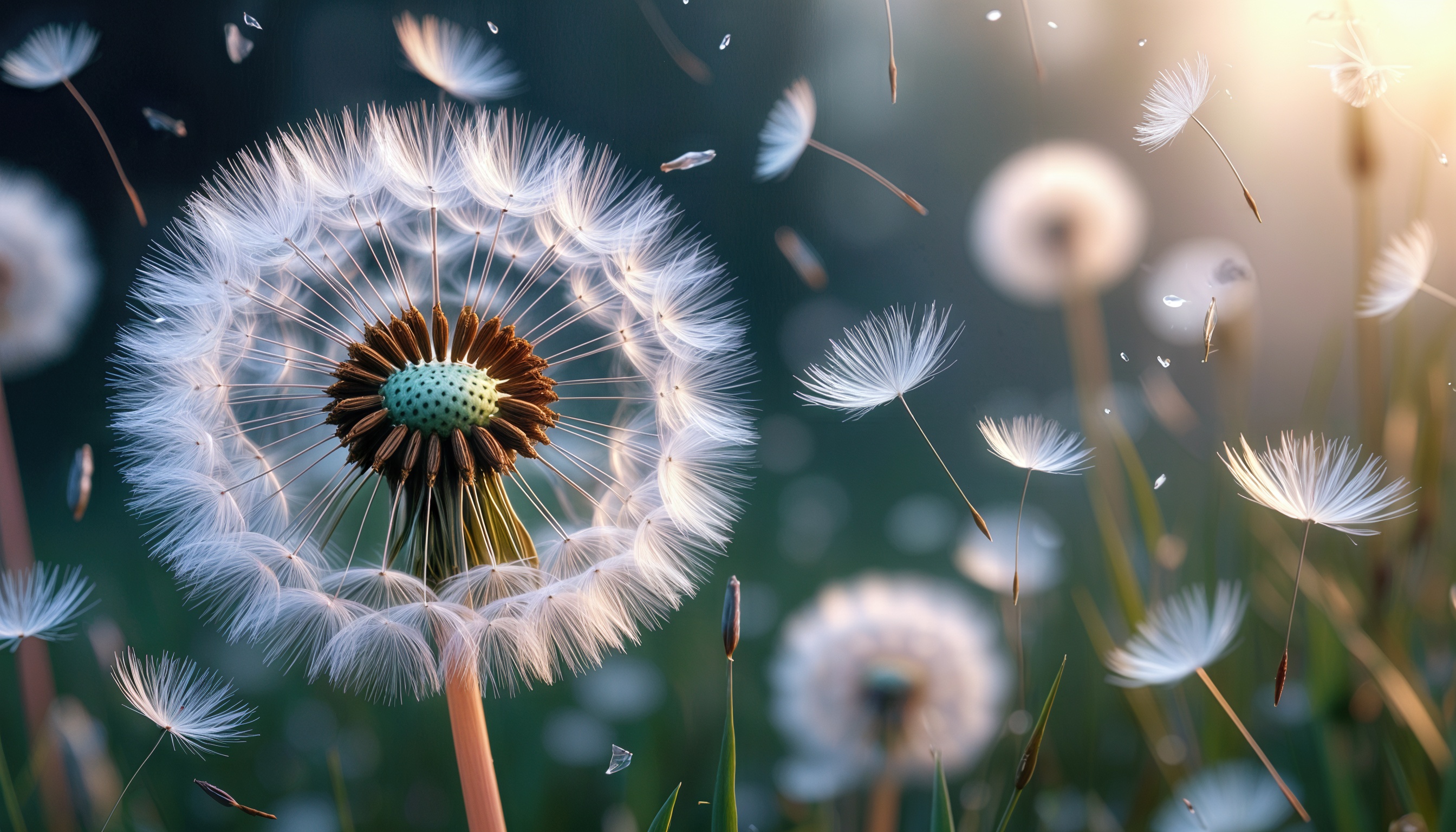 Бесплатное фото Одуванчик с разлетающимися семенами на фоне других растений.