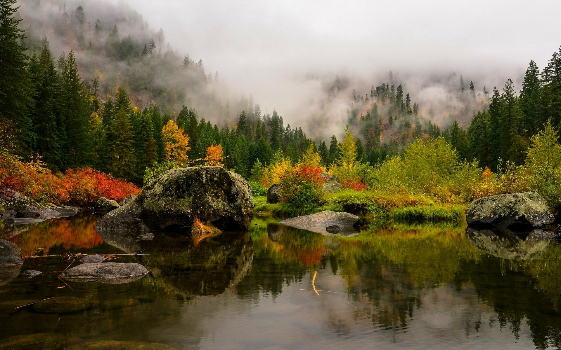 Free photo Morning smoke in a clearing with a lake.