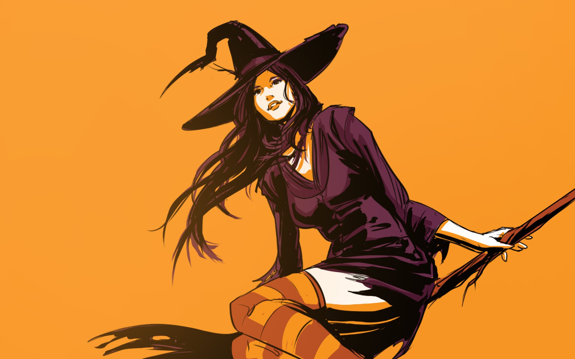 Young baba yaga on a broom