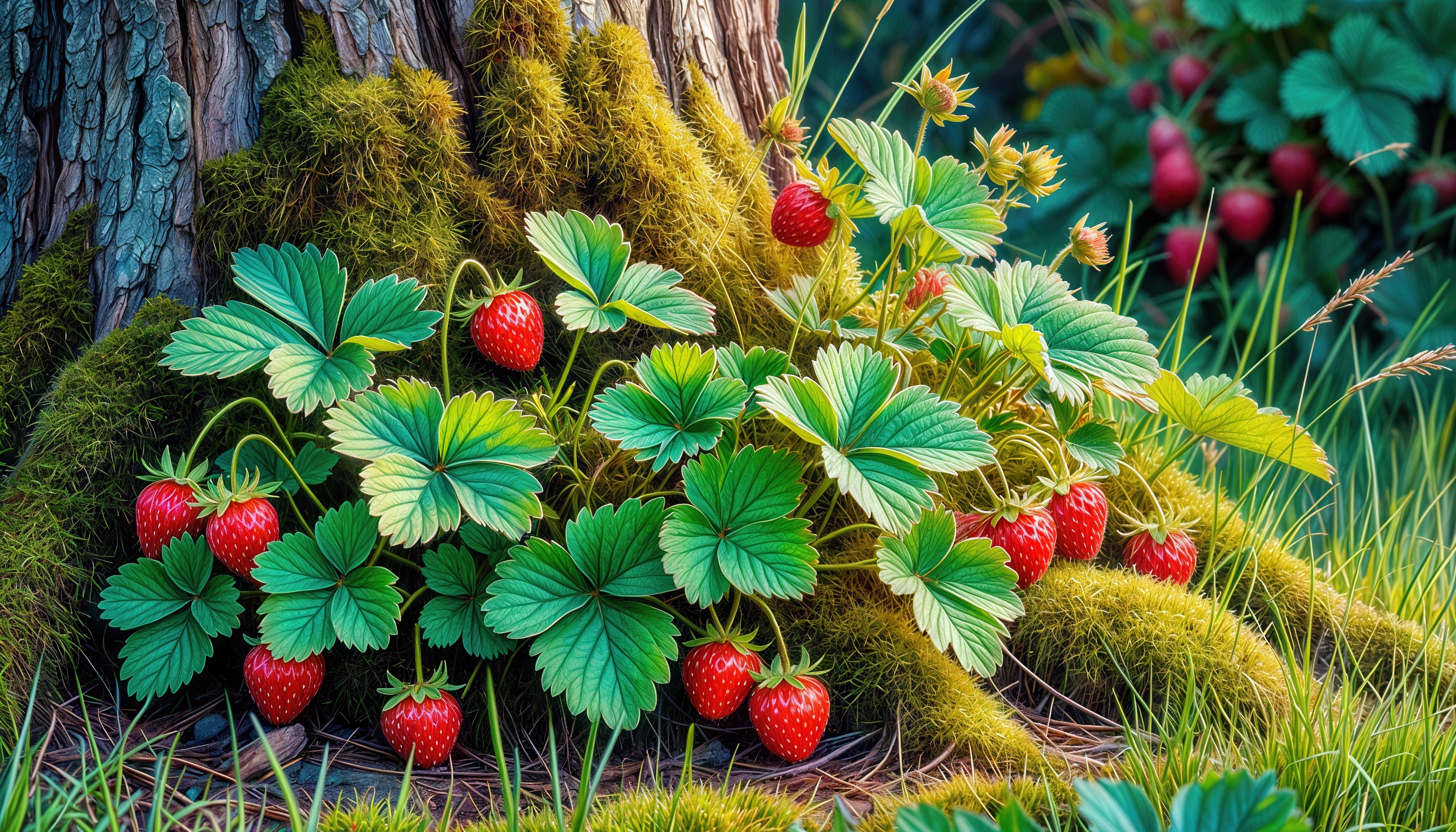 Бесплатное фото Куст клубники у подножия дерева, окружённый мхом.
