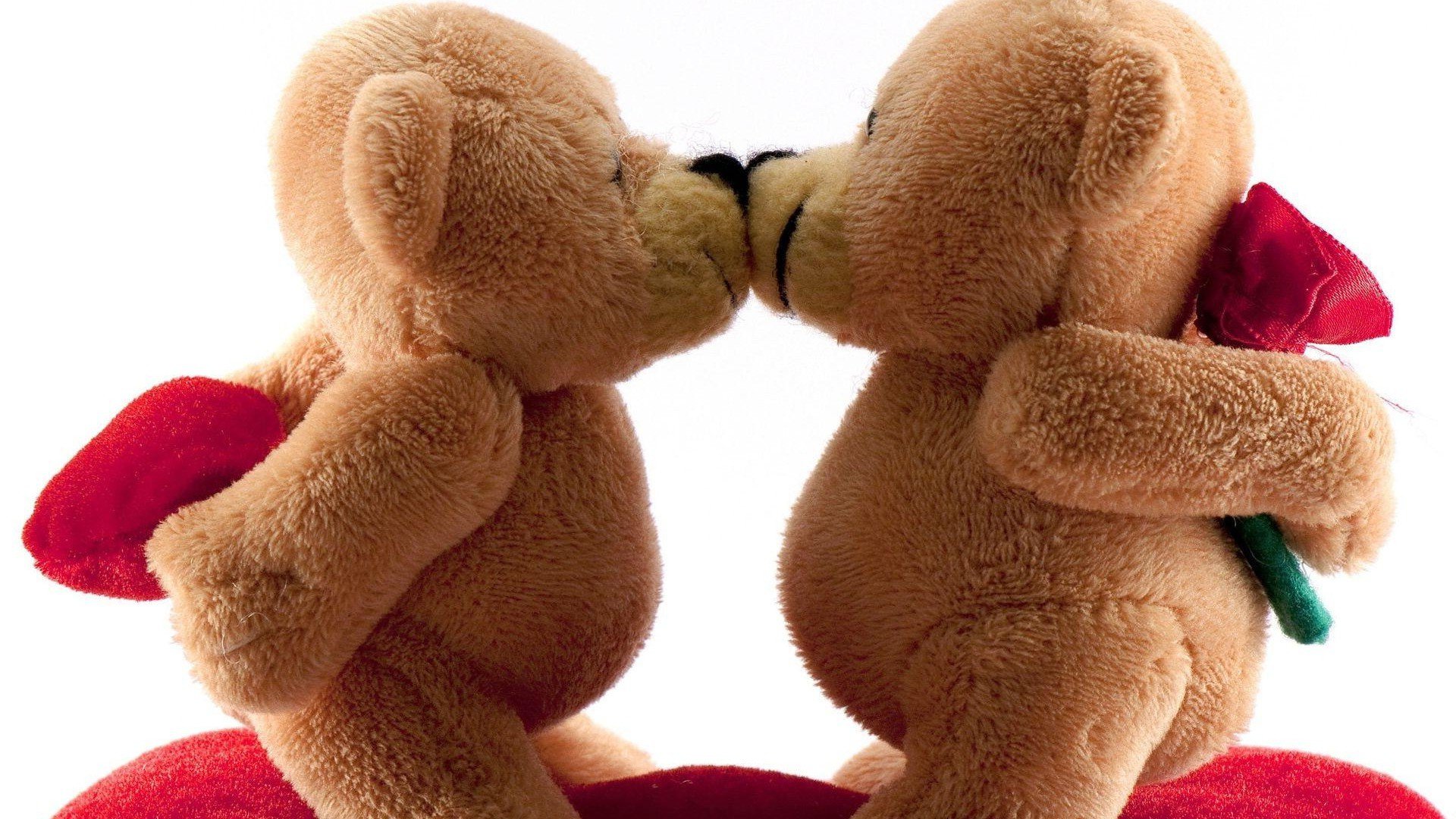 两只泰迪熊互相亲吻