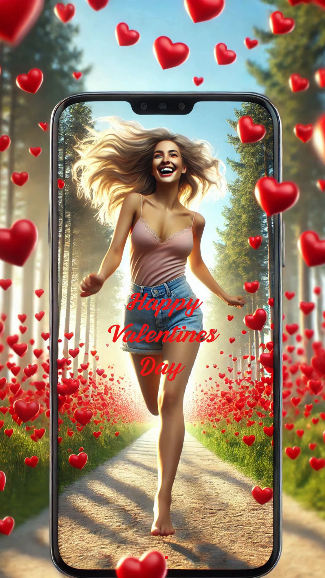 Бесплатная открытка Радостная, счастливая, молодая голубоглазая женщина блондинка бежит по лесу среди сердечек