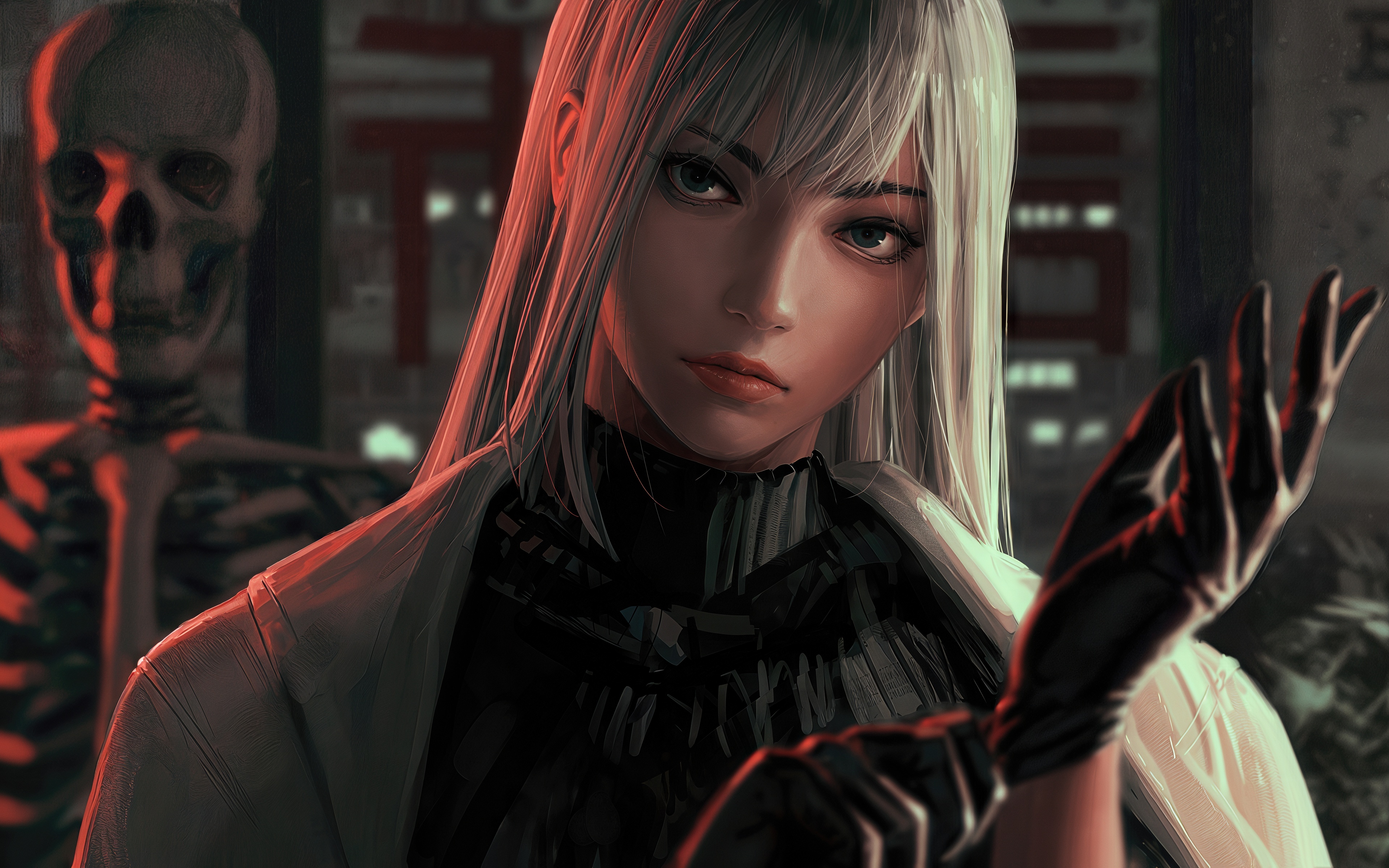 Бесплатное фото Аниме-персонаж с длинными светлыми волосами и тёмной одеждой на фоне скелета и красных огней.