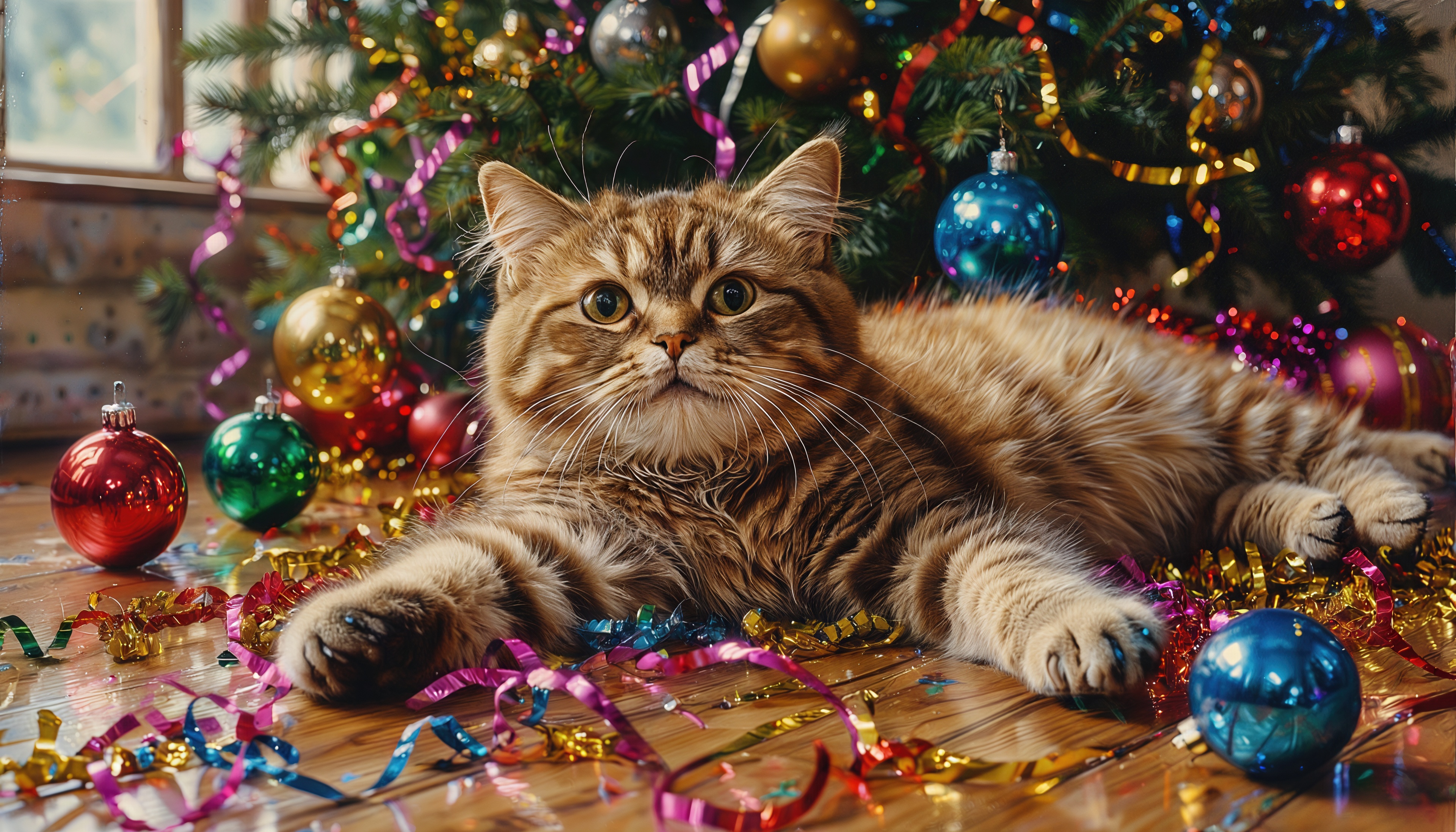 Ёлка, мишура и любопытный кот - атмосфера праздника.