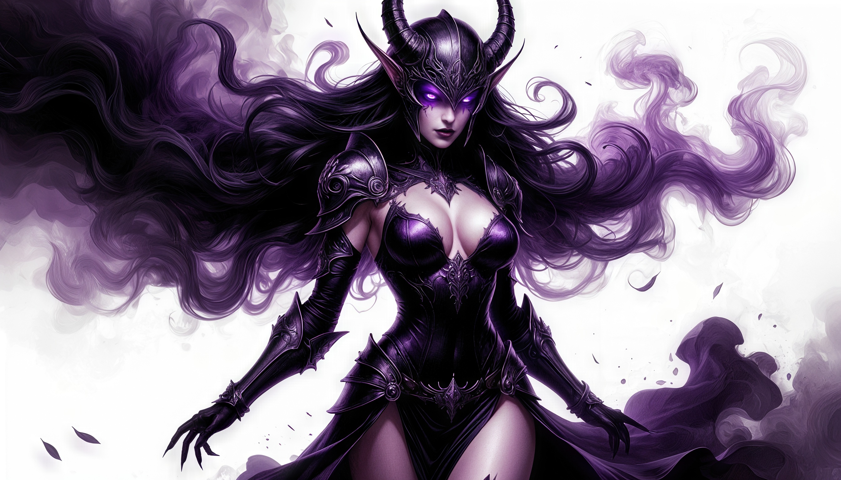 免费照片神秘的恶魔形象，拥有尖锐的犄角、紫罗兰色的眼睛和阴郁的色调。