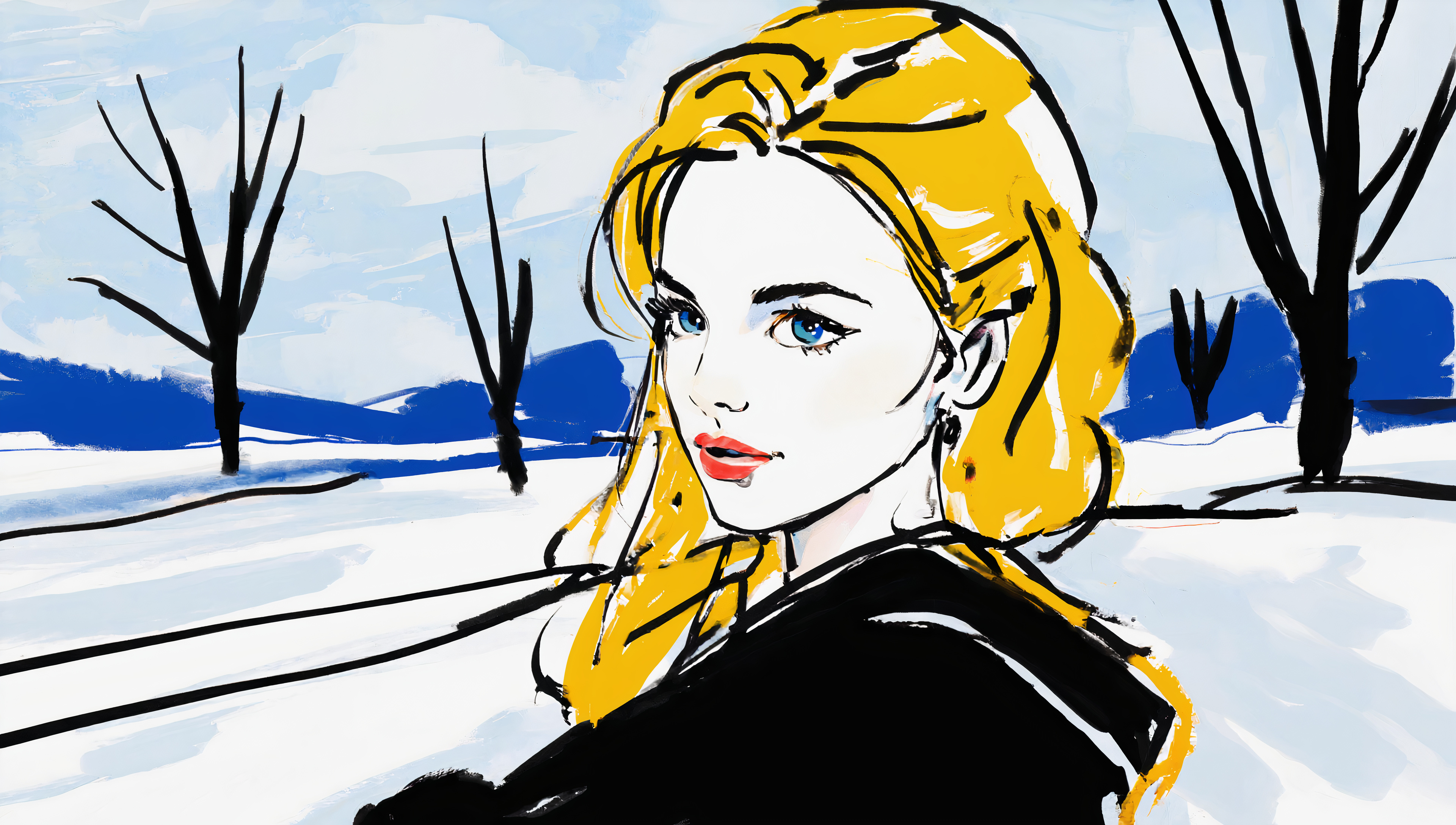 Бесплатное фото Рисунок с молодой, голубоглазой блондинкой на фоне зимнего леса