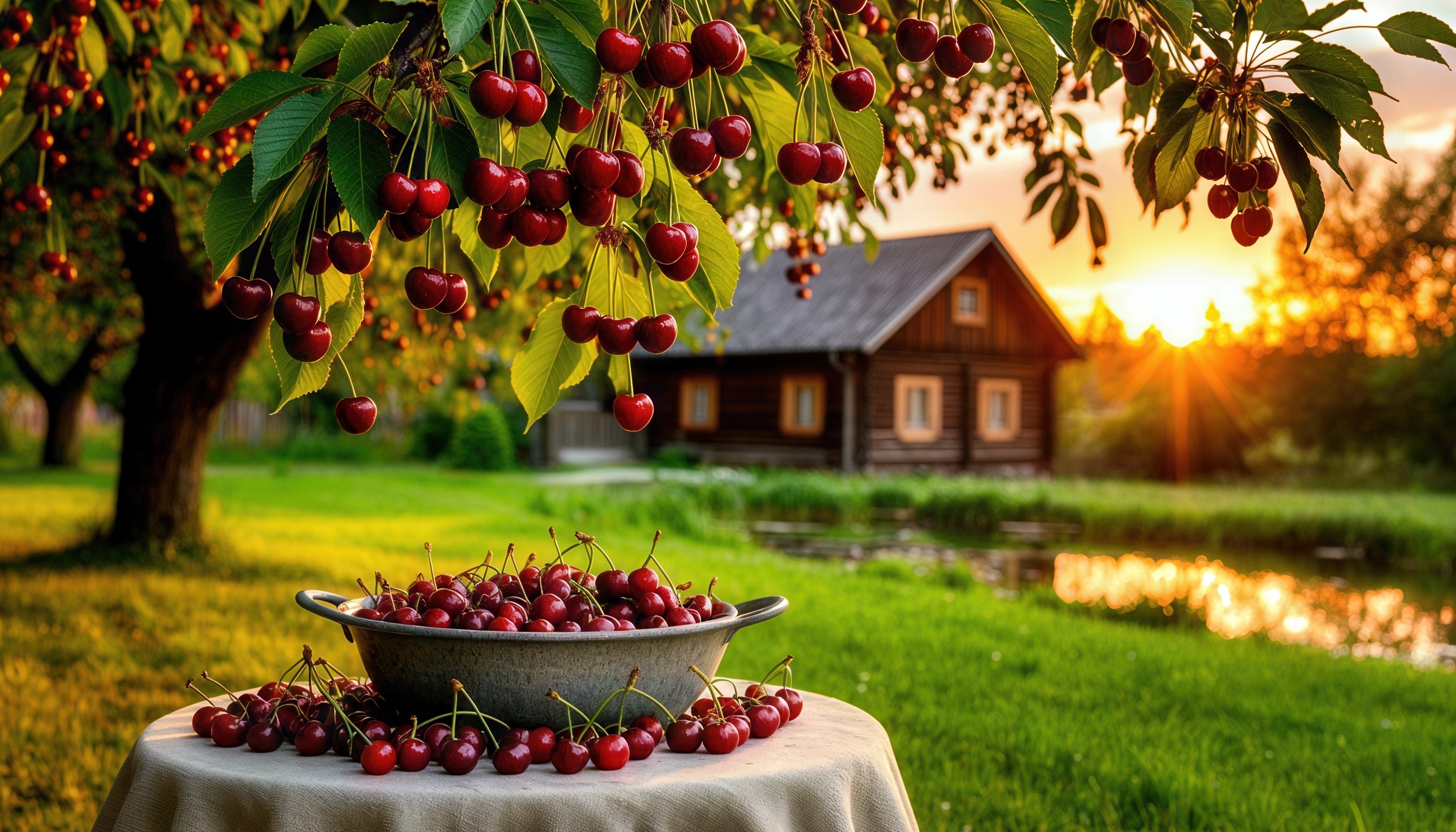 Бесплатное фото Вишня, стол, деревенский дом, закат - идиллическая летняя сцена.