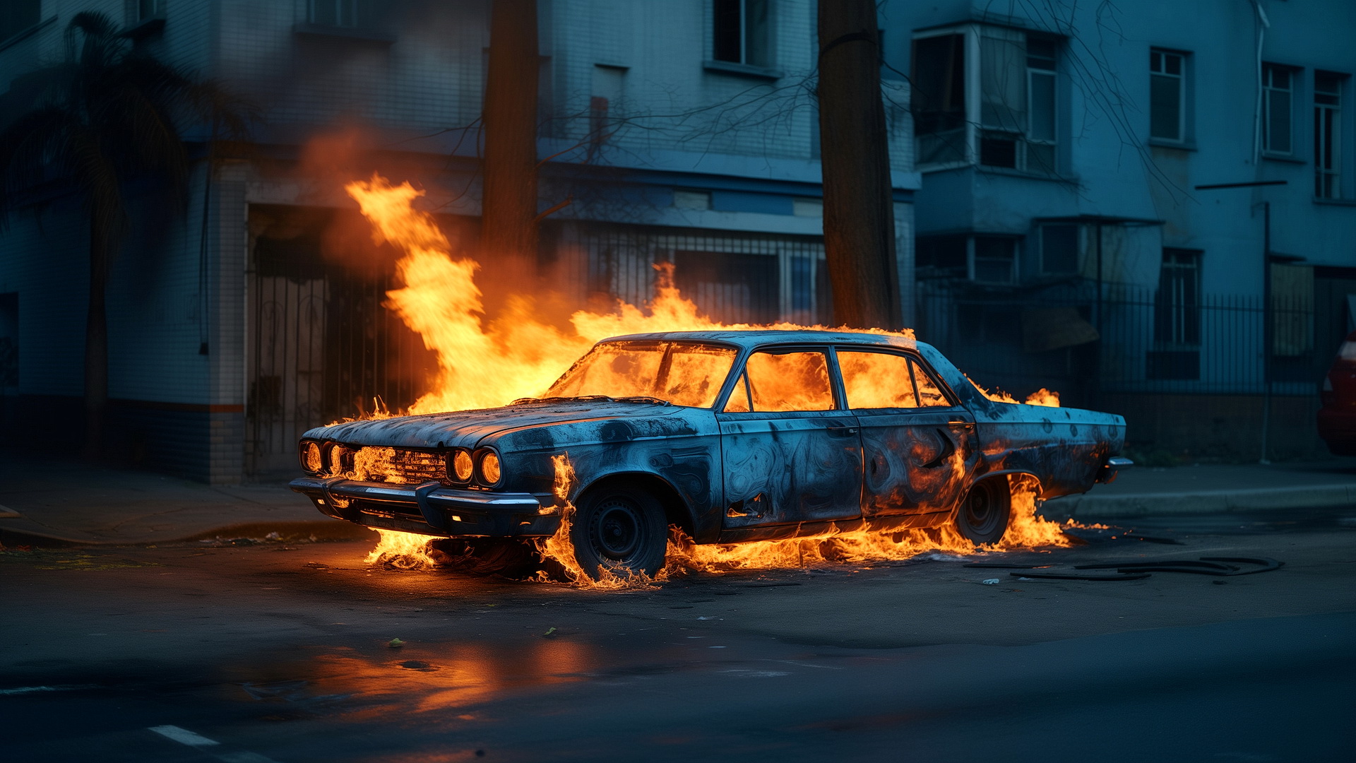 城市街道上一辆燃烧的汽车