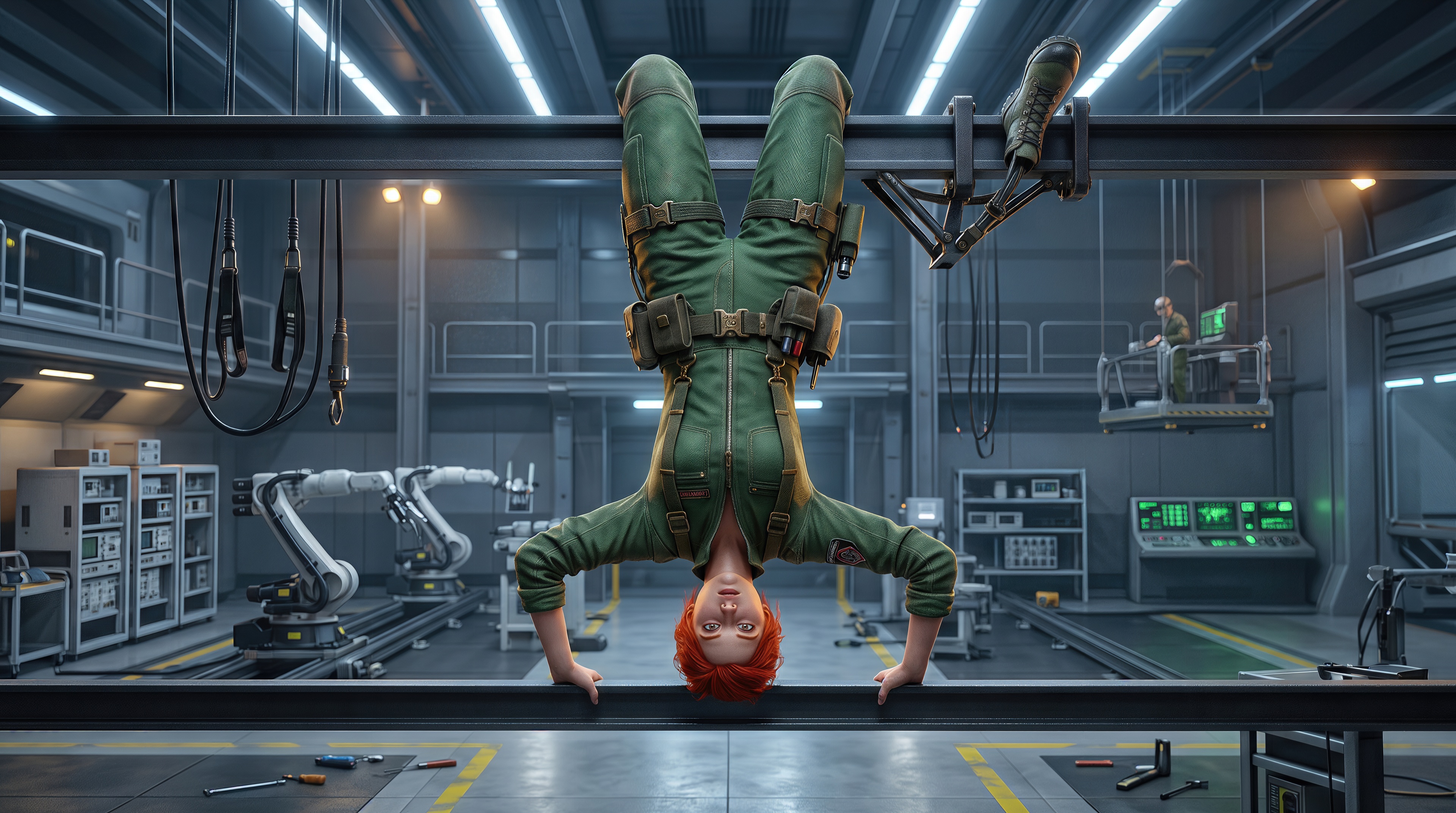 Free photo Spectacular sci-fi art with a mechanic girl demonstrating incredible agility in the middle of a robot lab.