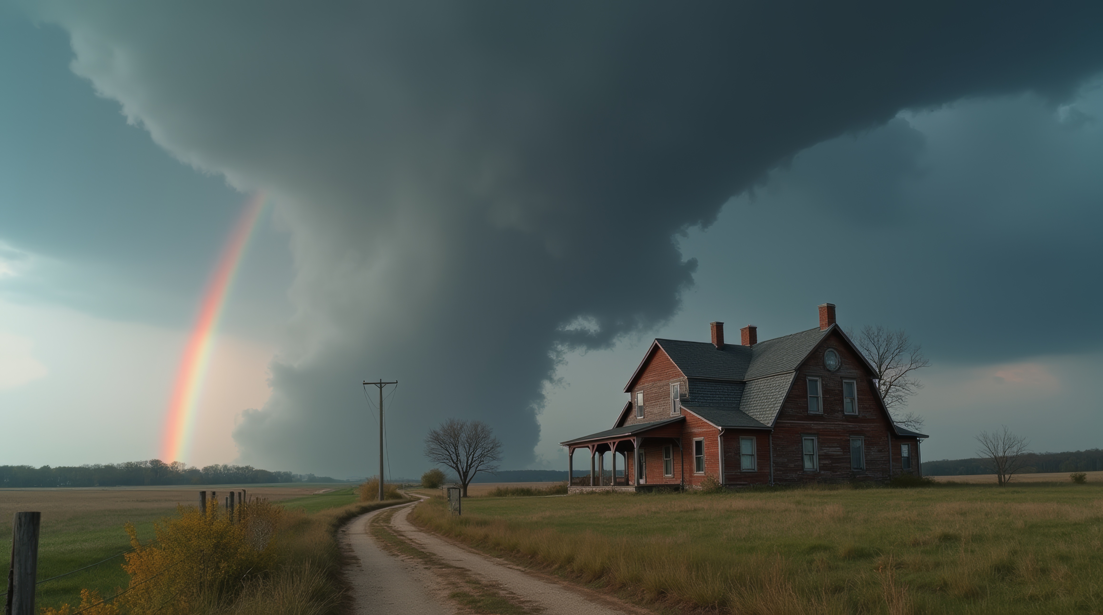 Бесплатное фото Большое облако над старым домом с радугой на заднем плане