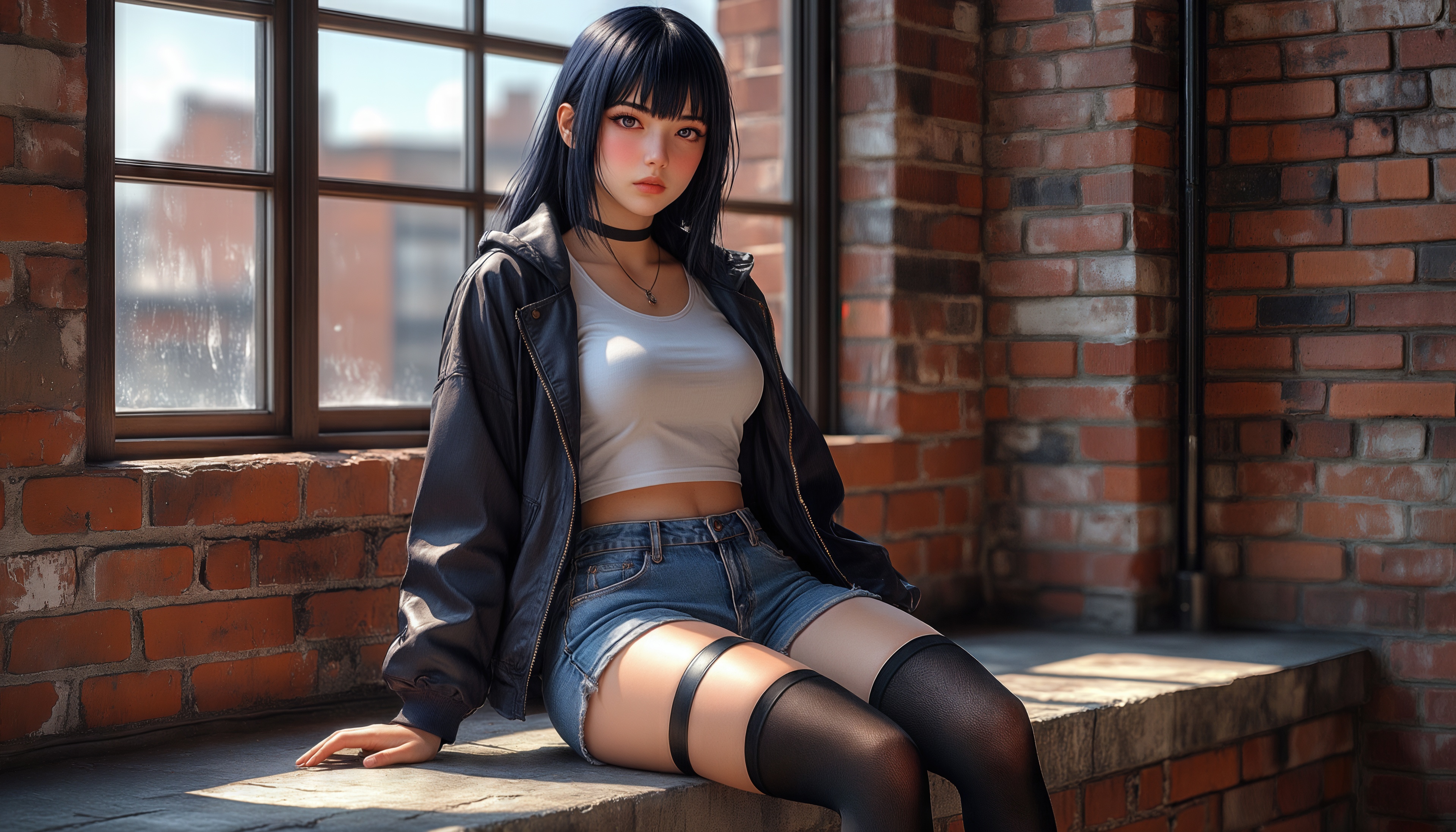 Free photo An anime girl in a leather jacket sits against a brick wall in the sun.