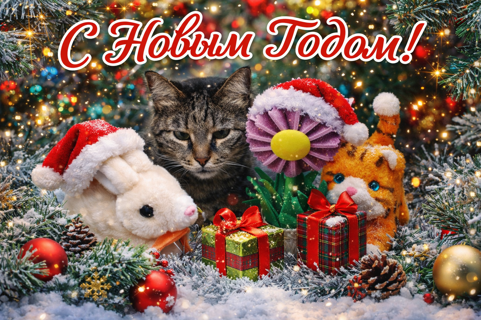 Бесплатная открытка Муся поздравляет всех с новым годом.