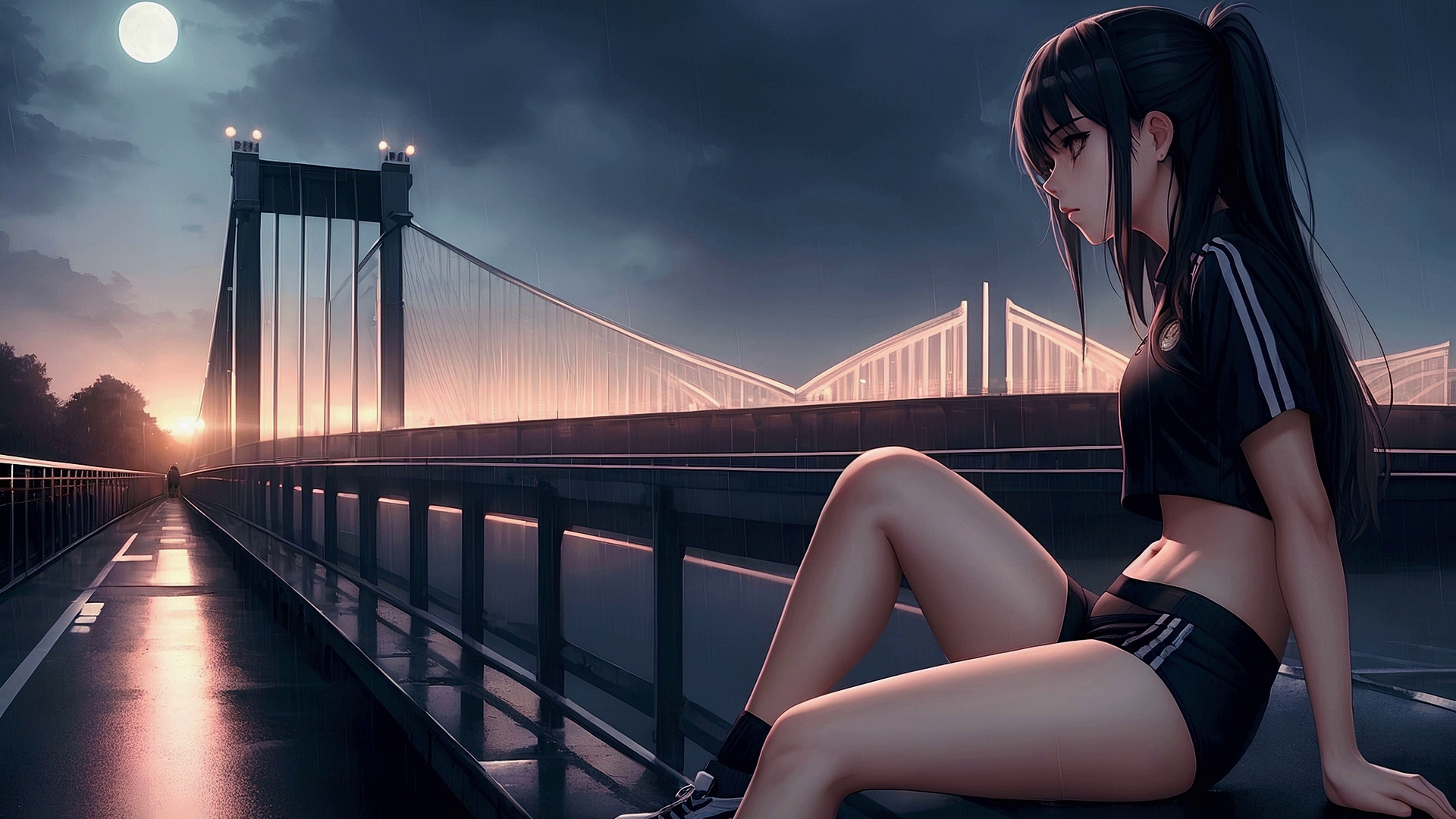 一个女孩坐在雨中的桥上