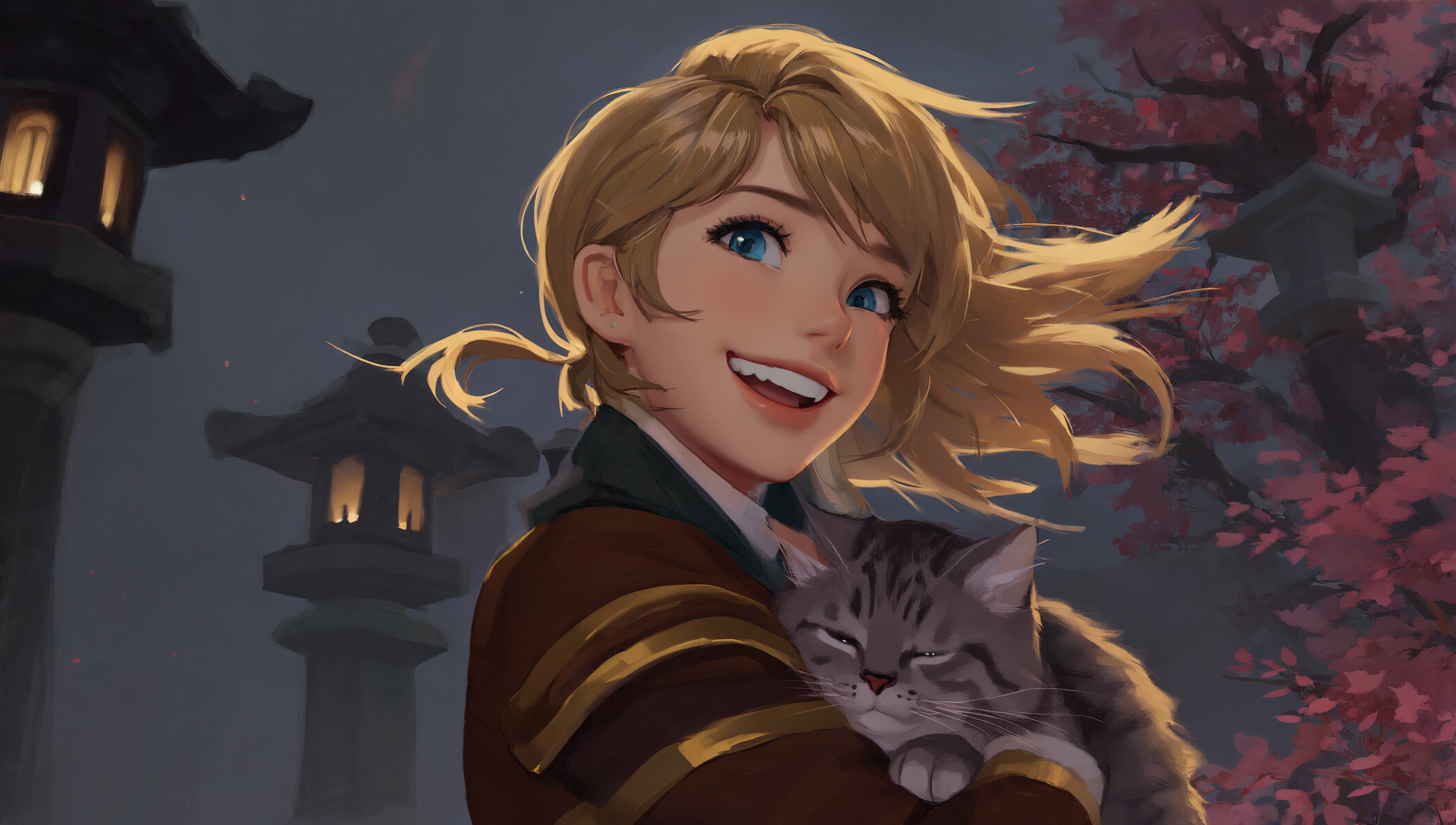 Wallpaper on desktop, cats, girls posing for a photo in the morning