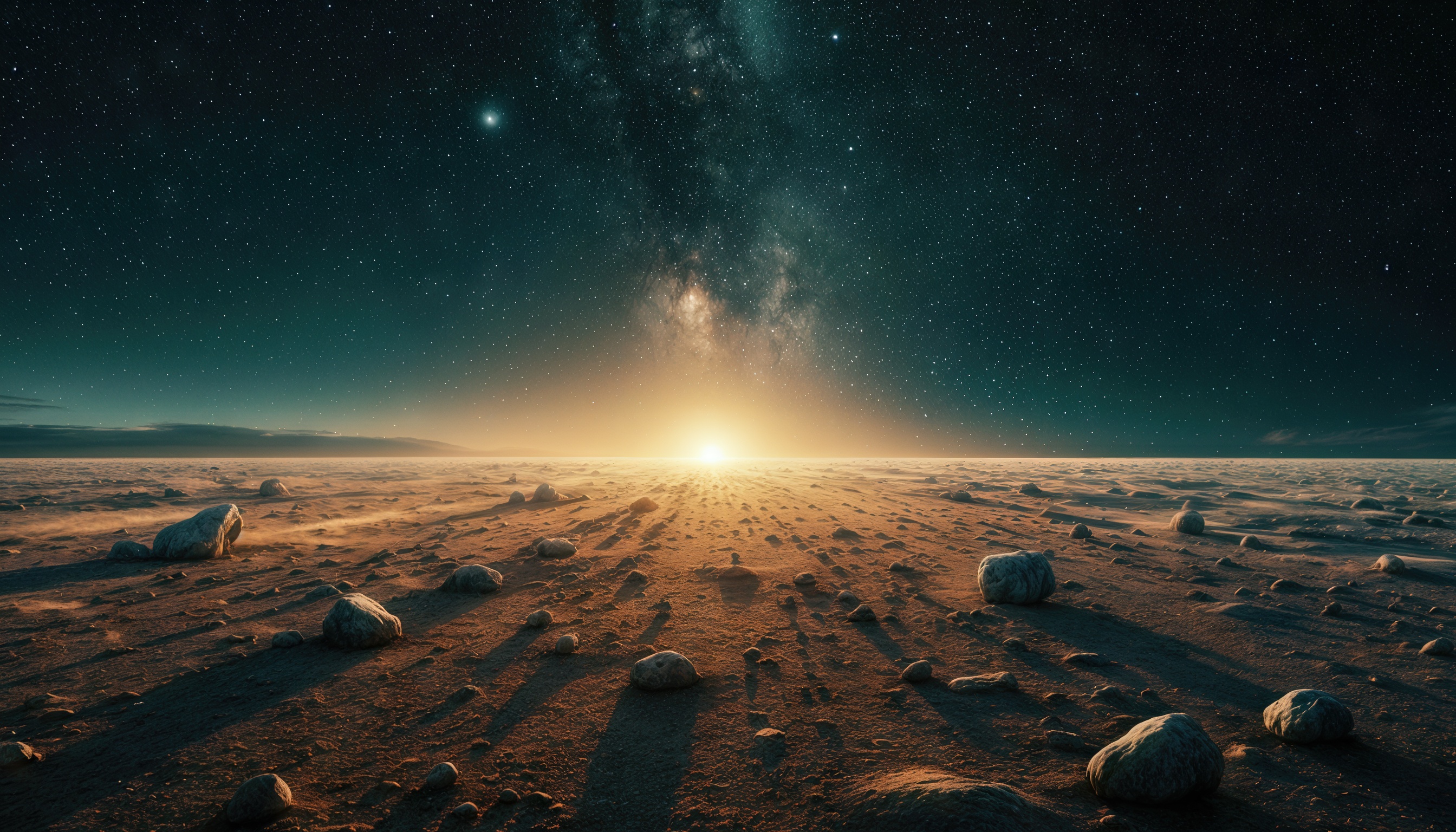 Бесплатное фото Восход светила на пустынной планете на фоне ночного звездного неба и галактики.