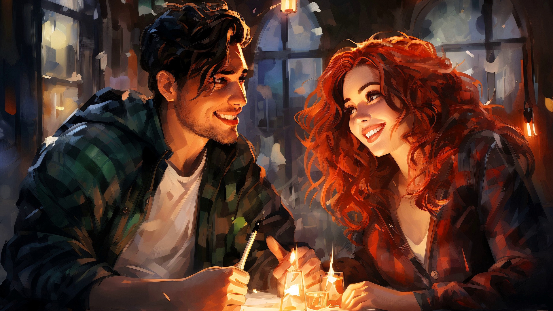 Бесплатное фото Рисунок девушка и парень сидят за столом в кафе