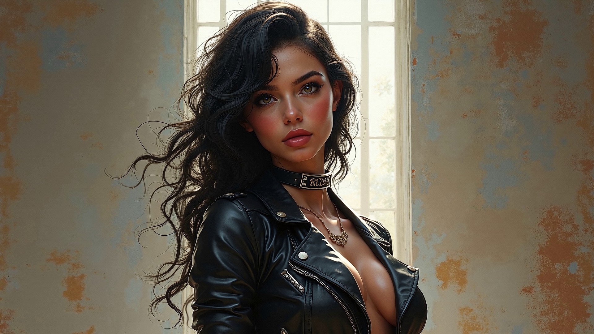 一个身穿黑色皮夹克的女孩站在房间里