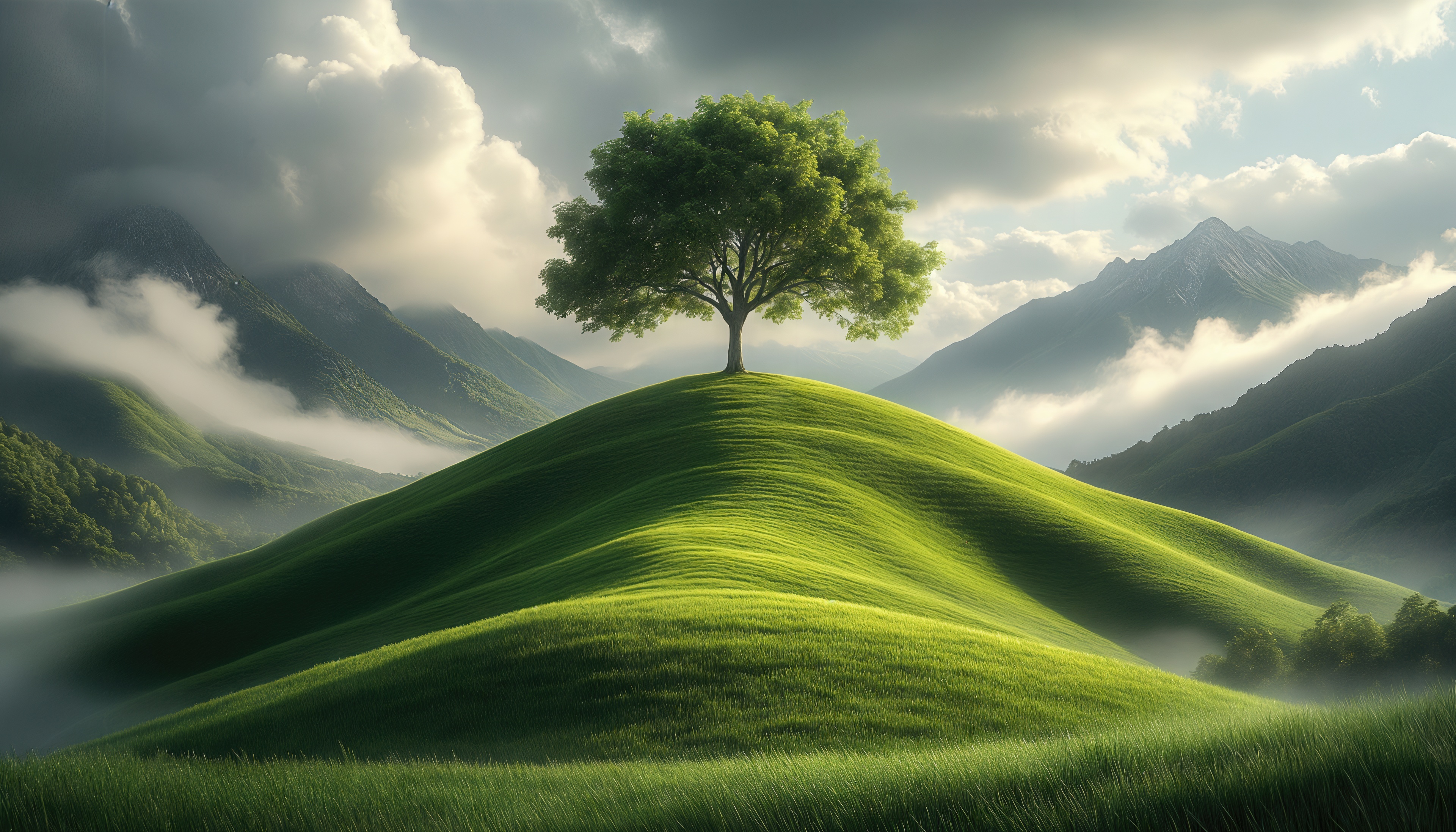 Free photo A lonely tree on a green hill among mountains and misty clouds.