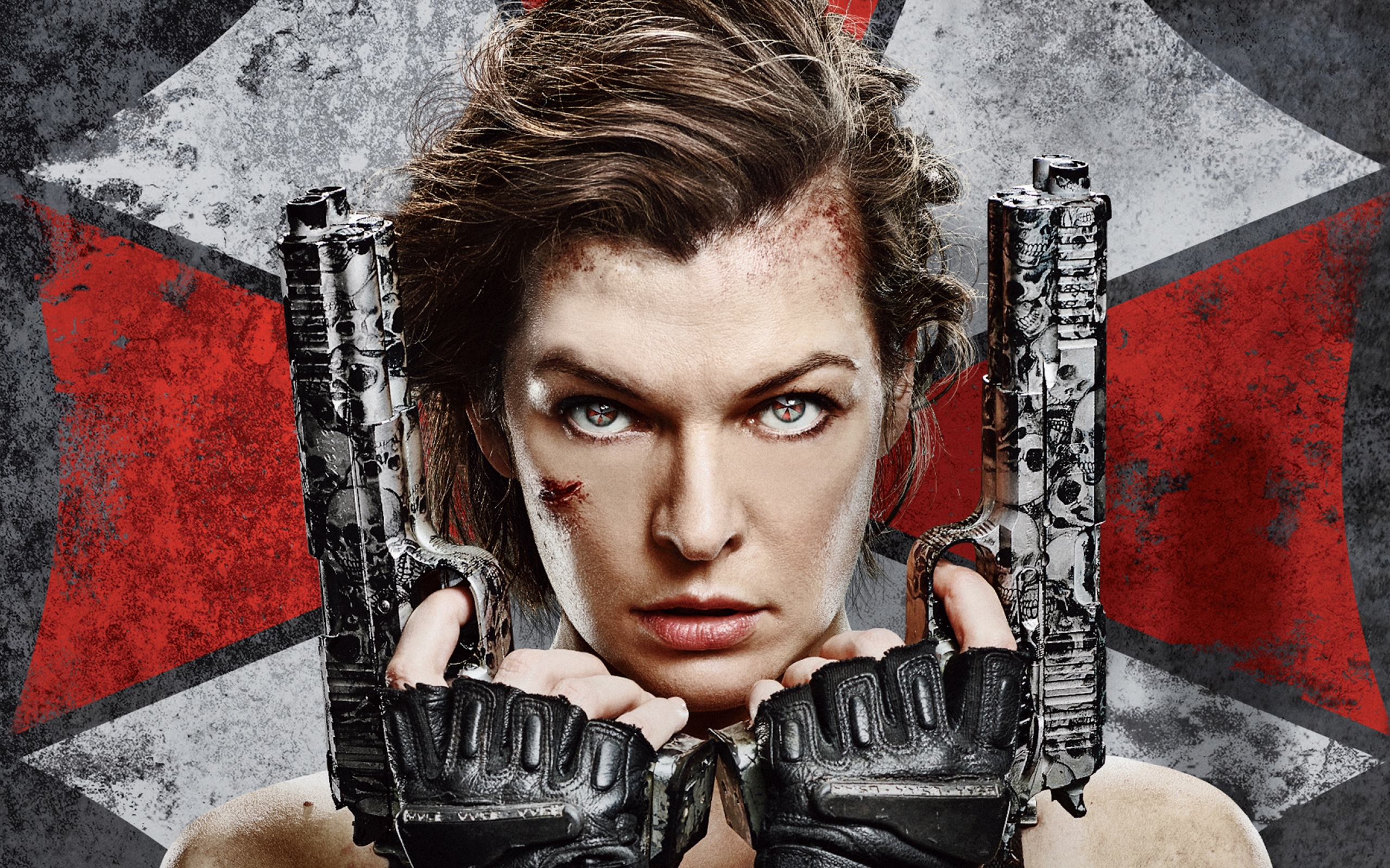 Free photo Milla Jovovich with two guns.