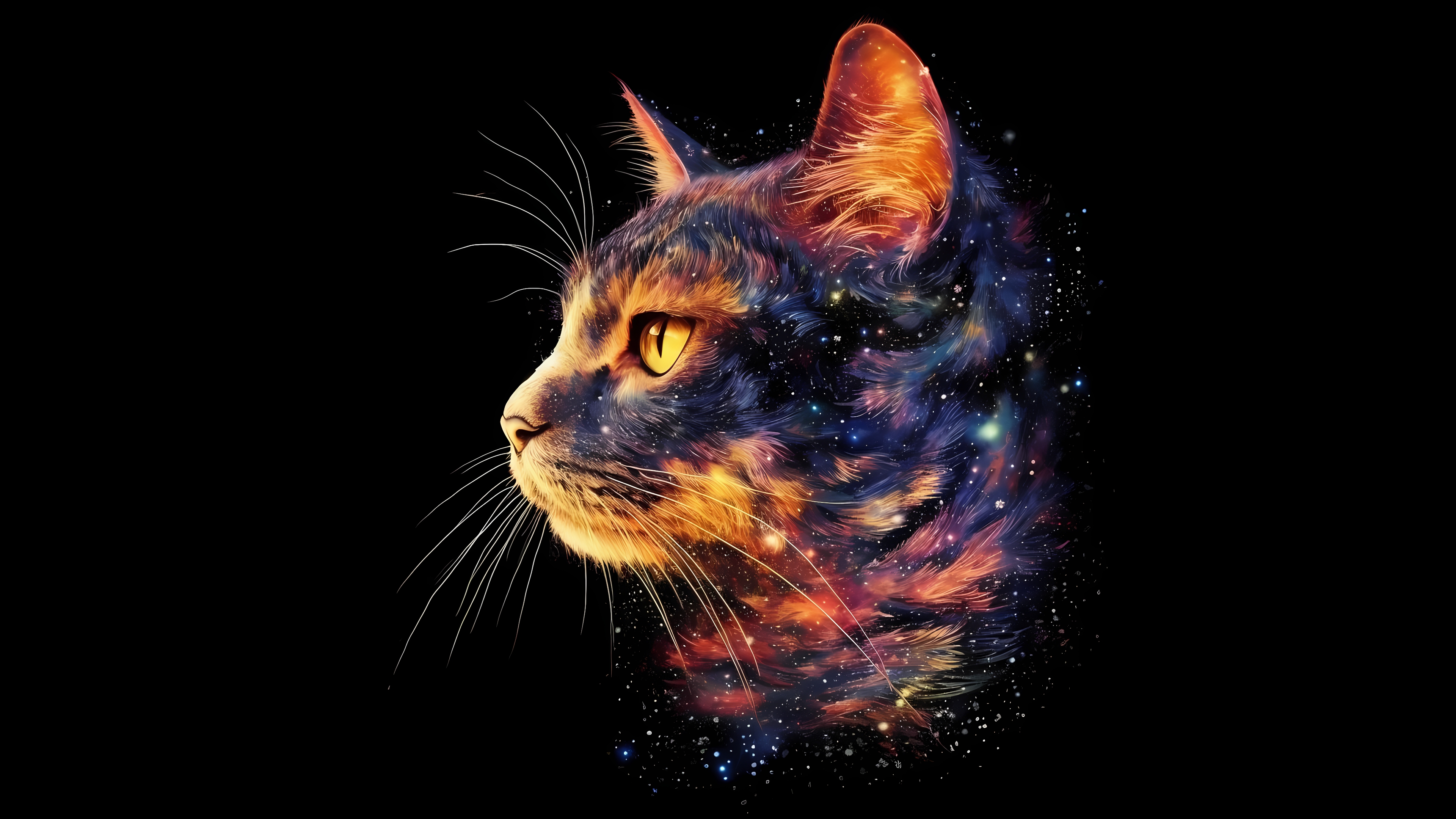 在太空中的猫在黑色背景上着色