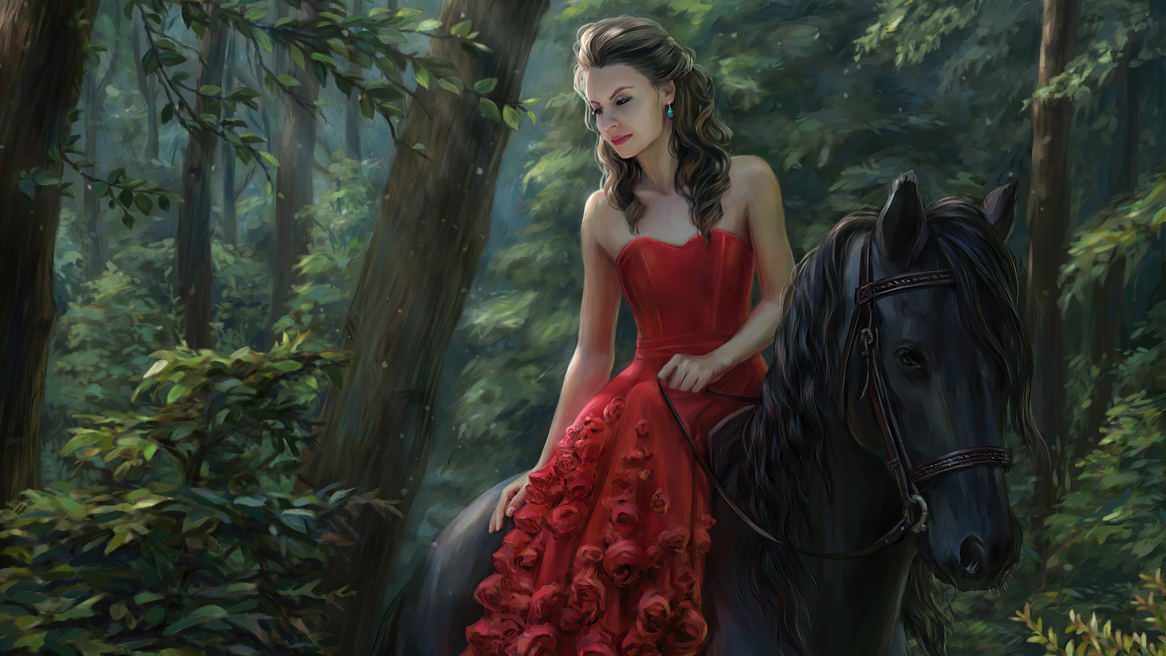 Wallpapers girl dress red horse on the desktop