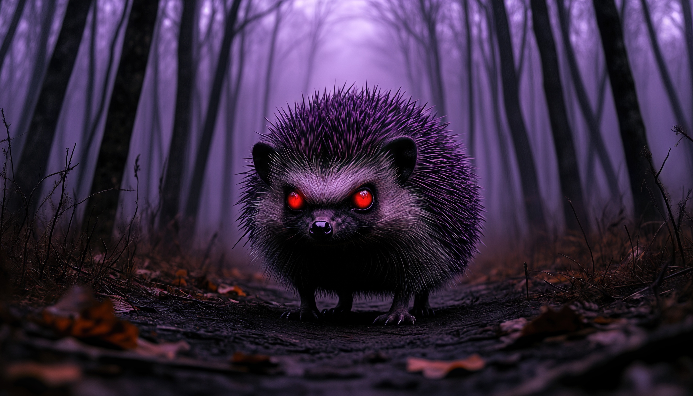 Еж с красными светящимися глазами стоит на лесной тропинке в мистической фиолетовой атмосфере.