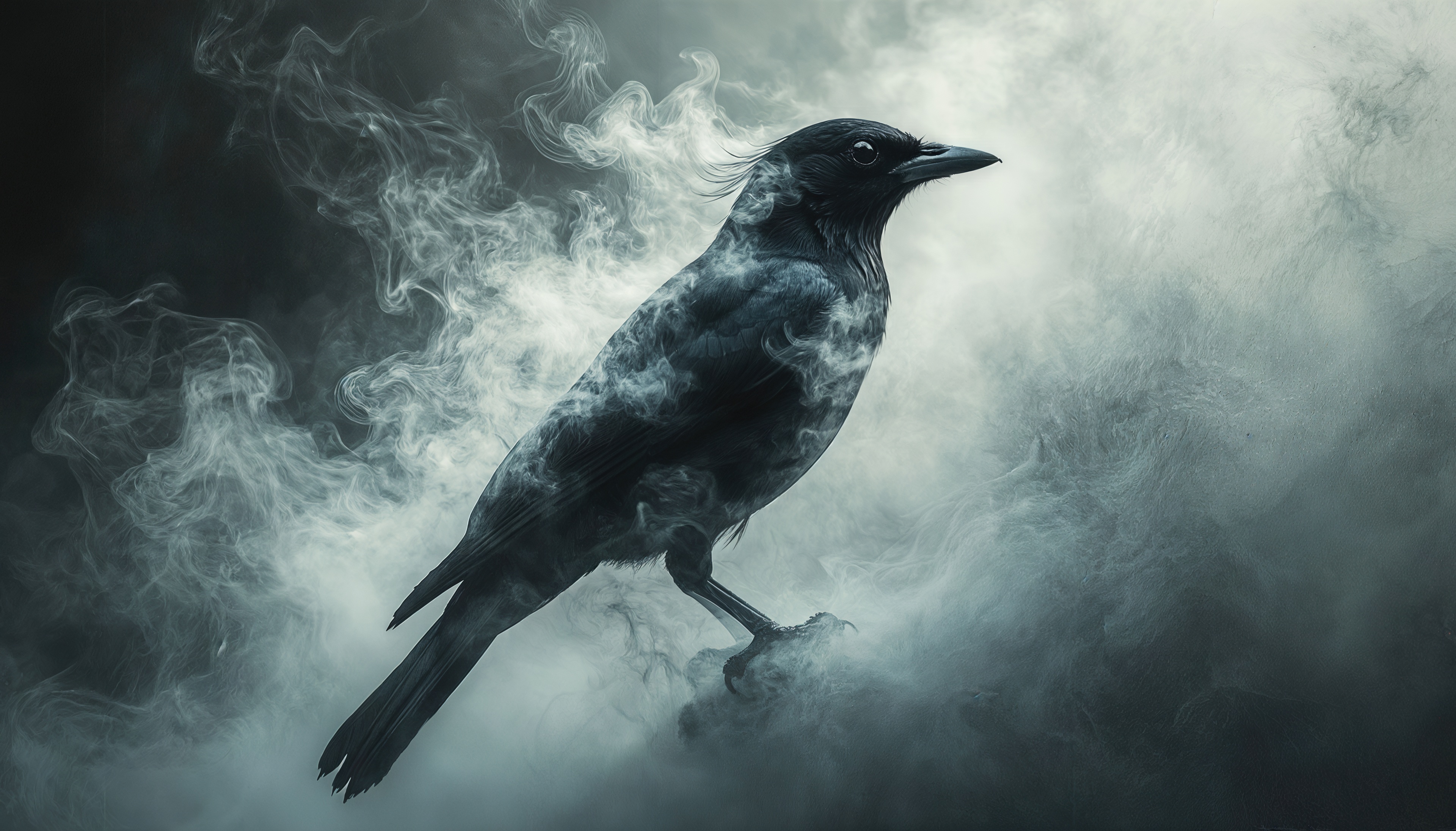 Бесплатное фото Мистический чёрный ворон вырисовывается из клубов холодного дыма.